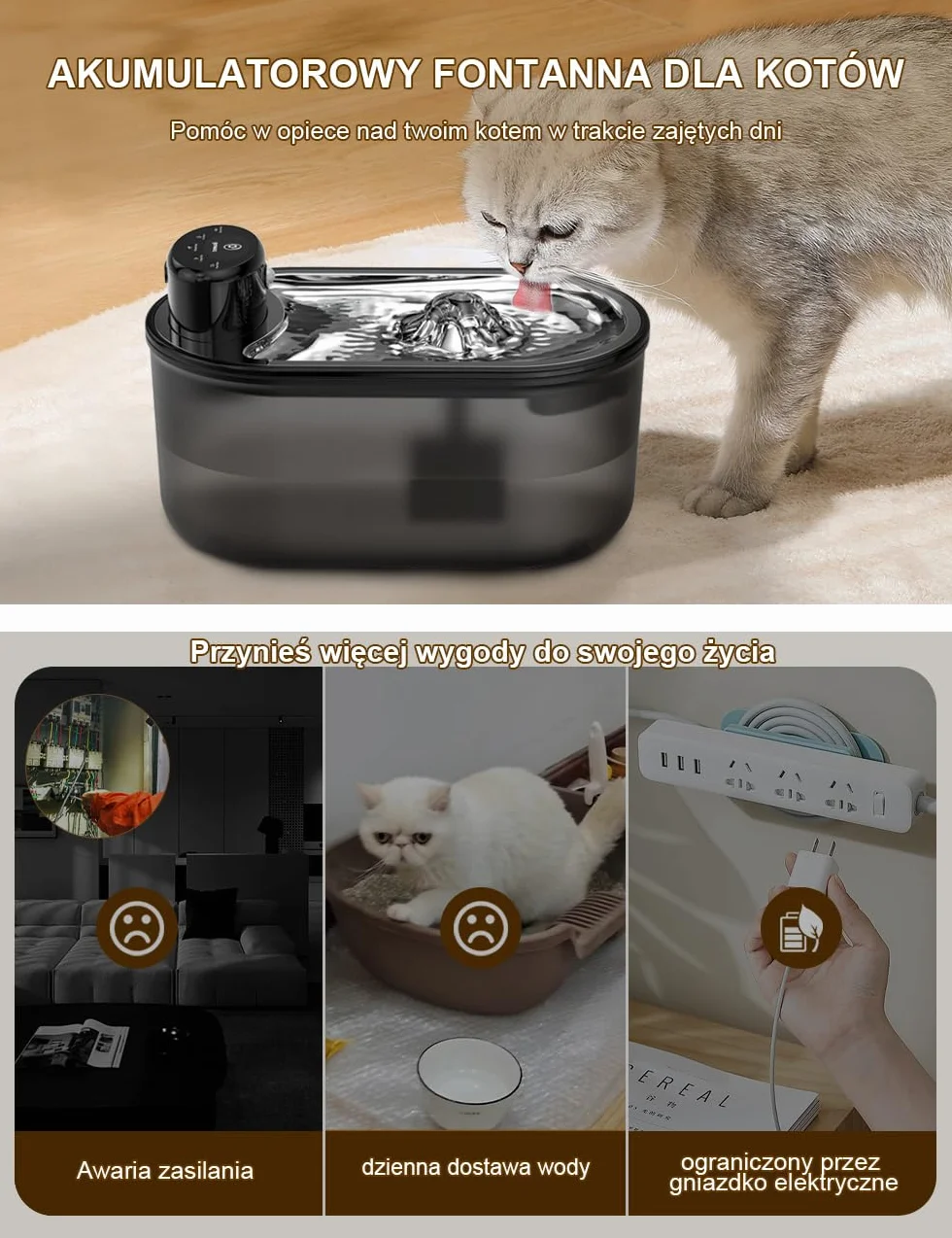 TOMXCUTE Bezprzewodowa fontanna dla kota 3 l czujnik ruchu bateria 5000 mAh czarny