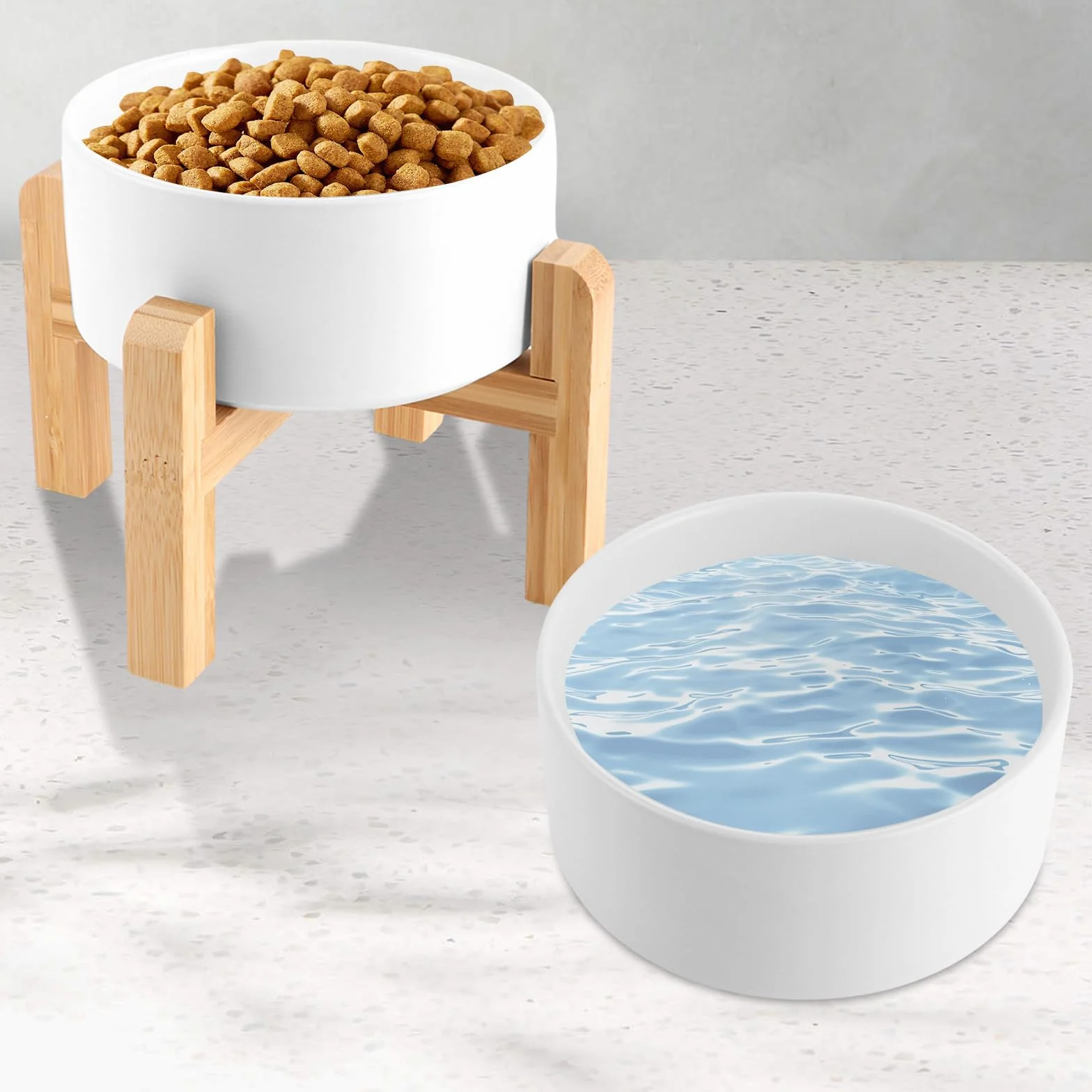 Zestaw 2 ceramicznych misek dla psów z bambusowym stojakiem dla psów i kotów (850 ml, biała)