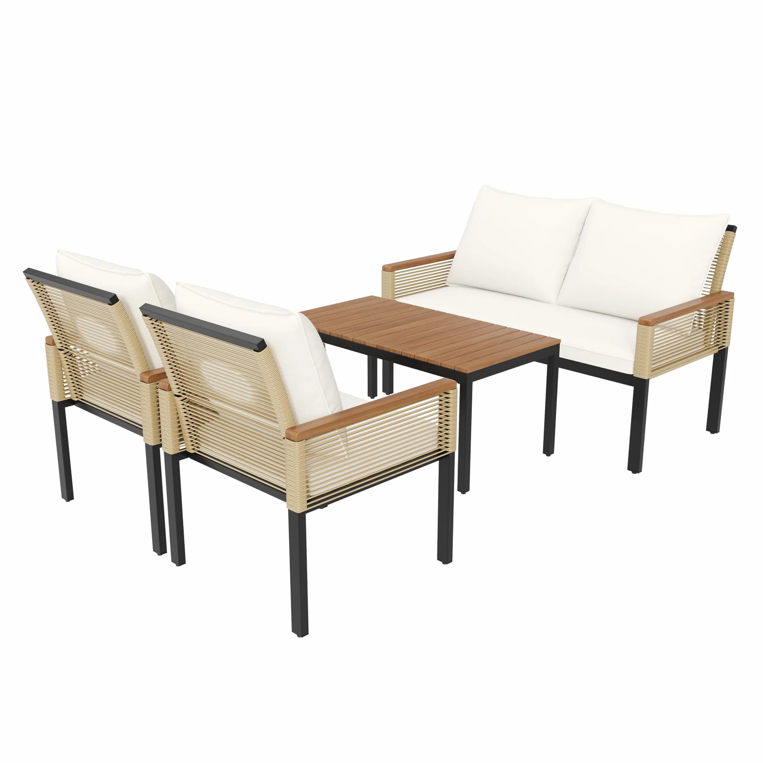 Zestaw mebli ogrodowych z wygodną poduszką, podwójna sofa, 2 fotele i stół, do użytku na zewnątrz, rattan, stół i krzesła (beżowy)