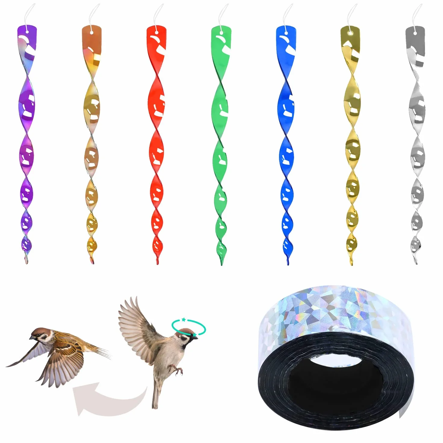 7PCS Espanta Gołębie Odblaskowe Strach Na zewnątrz Spirala Wiatrowa Antygołębie Z 1PCS Taśma Odblaskowa Anti-Birds Dwustronne Do Ogrodów Balkon Drzewa Owocowe (7 Kolory)