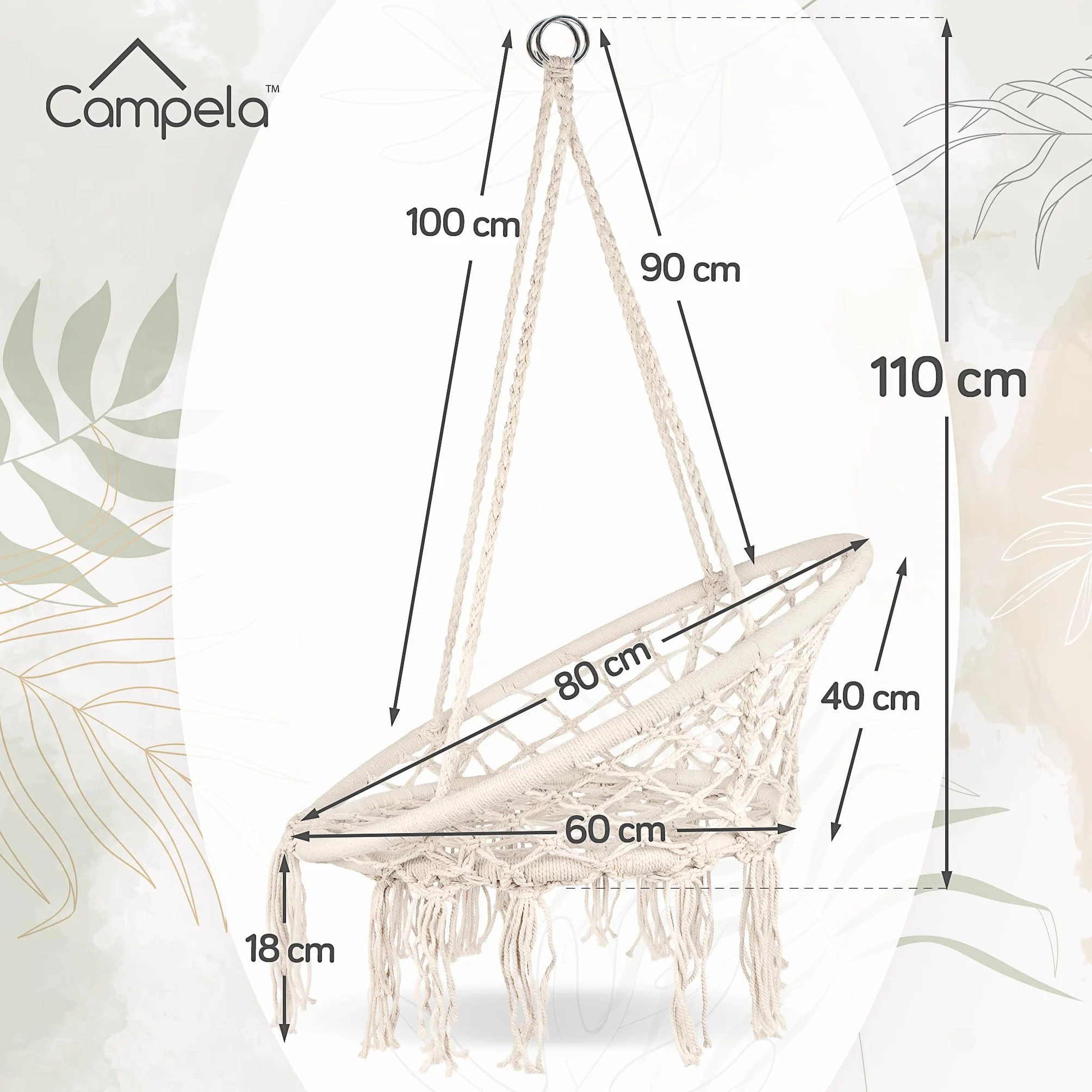 Fotel Wiszący Boho Ecru – Huśtawka Bocianie Gniazdo z Frędzlami | Fotel Hamakowy do Salonu, Ogrodu, Balkonu | Styl Boho | Max 150 kg | Do Wnętrz i Na Zewnątrz