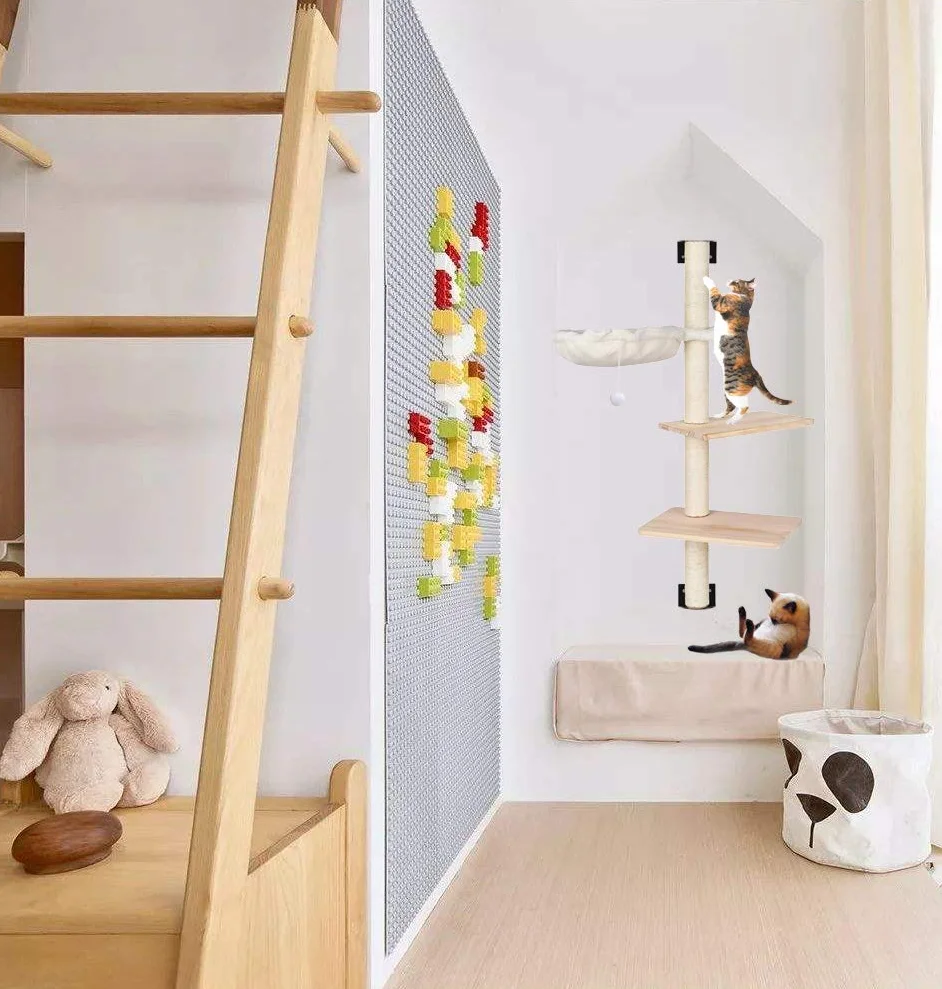 Drapak ścienny dla kotów 104 cm z hamakiem i 2 platformami z litego drewna meble do drapania