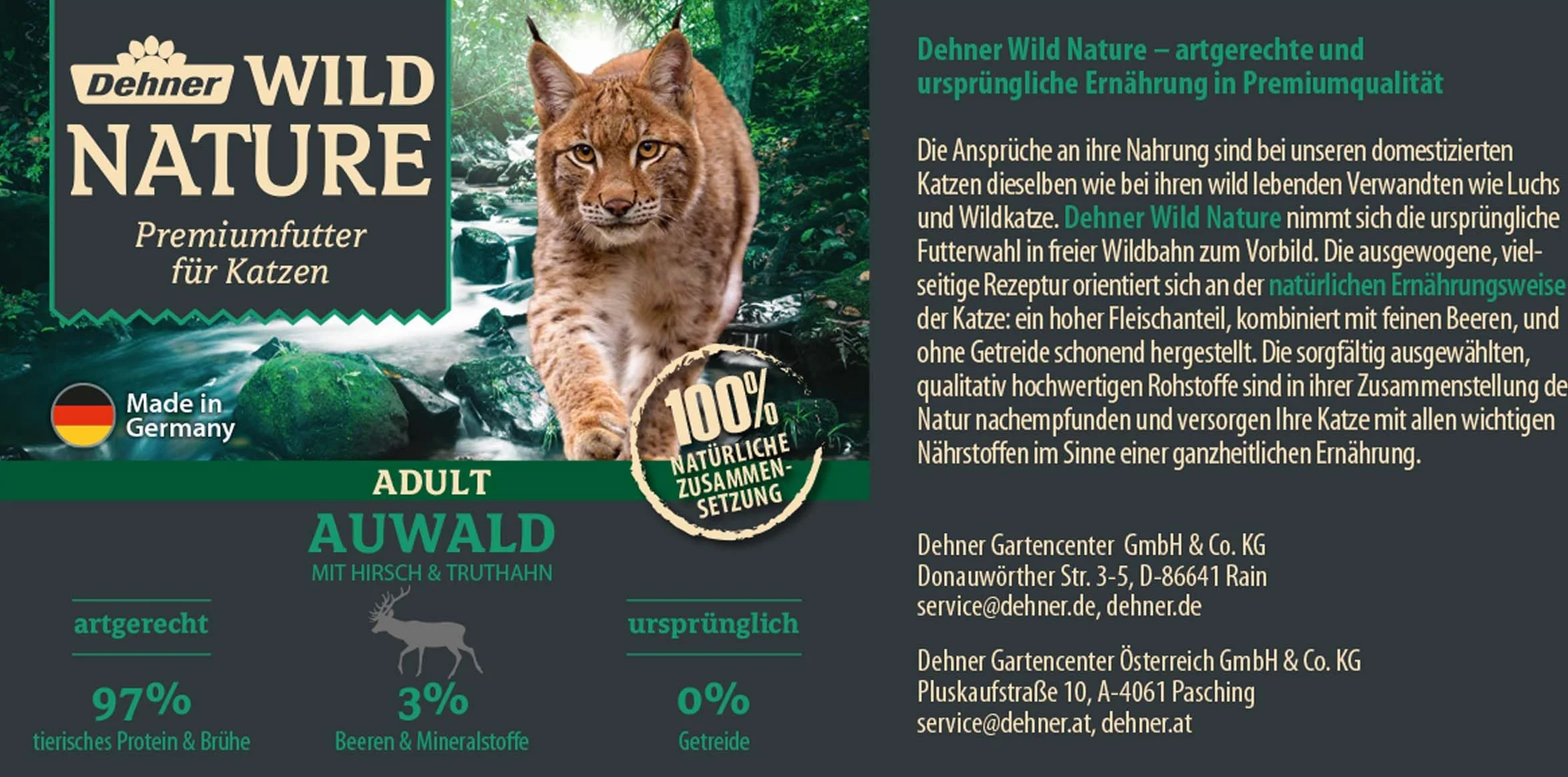 Dehner Wild Nature karma dla kotów Auwald, mokra karma bez zbóż, jeleni/indyka, puszka 6 x 400 g