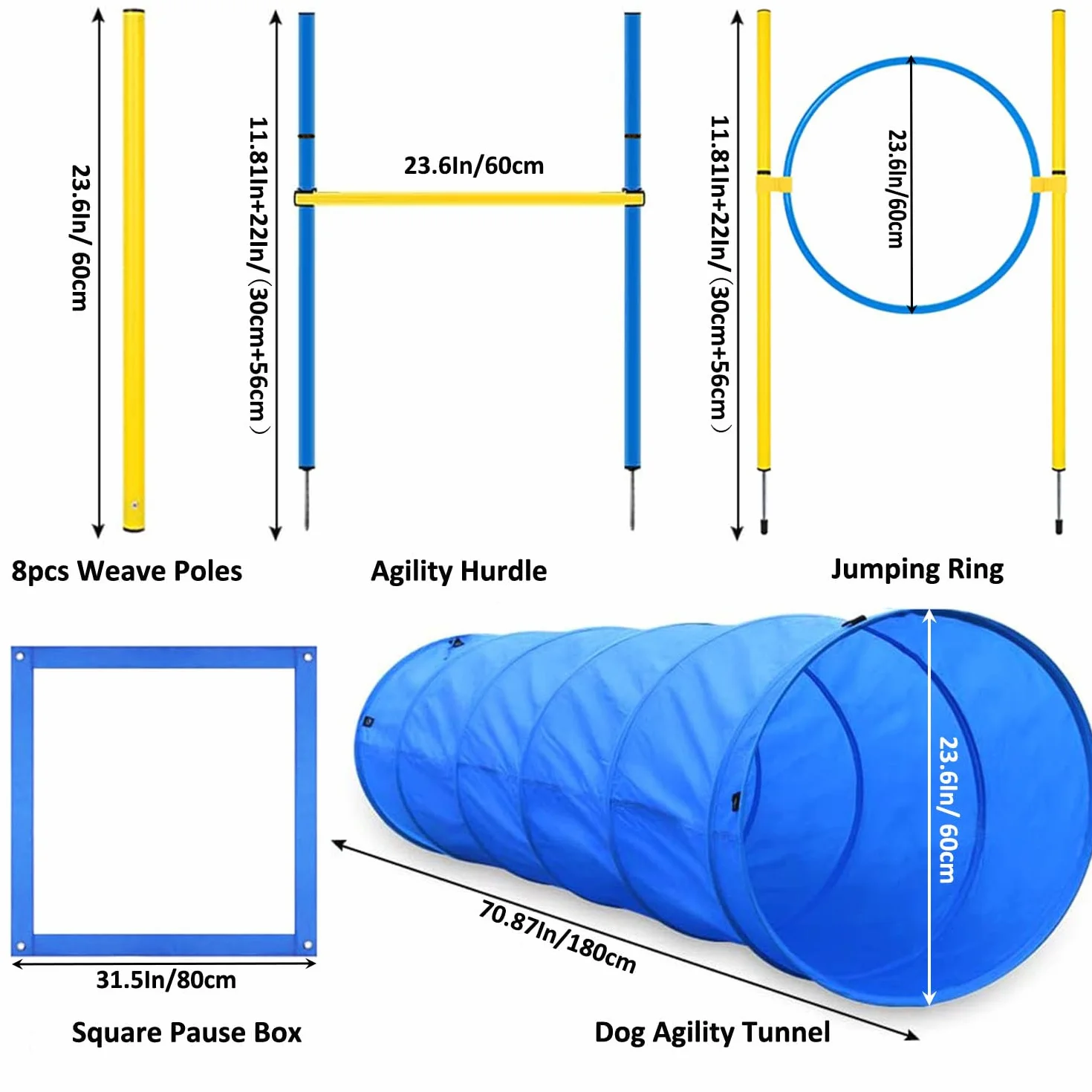 Zestaw agility dla psów, 8 przeszkód, tunel, pierścień, torba