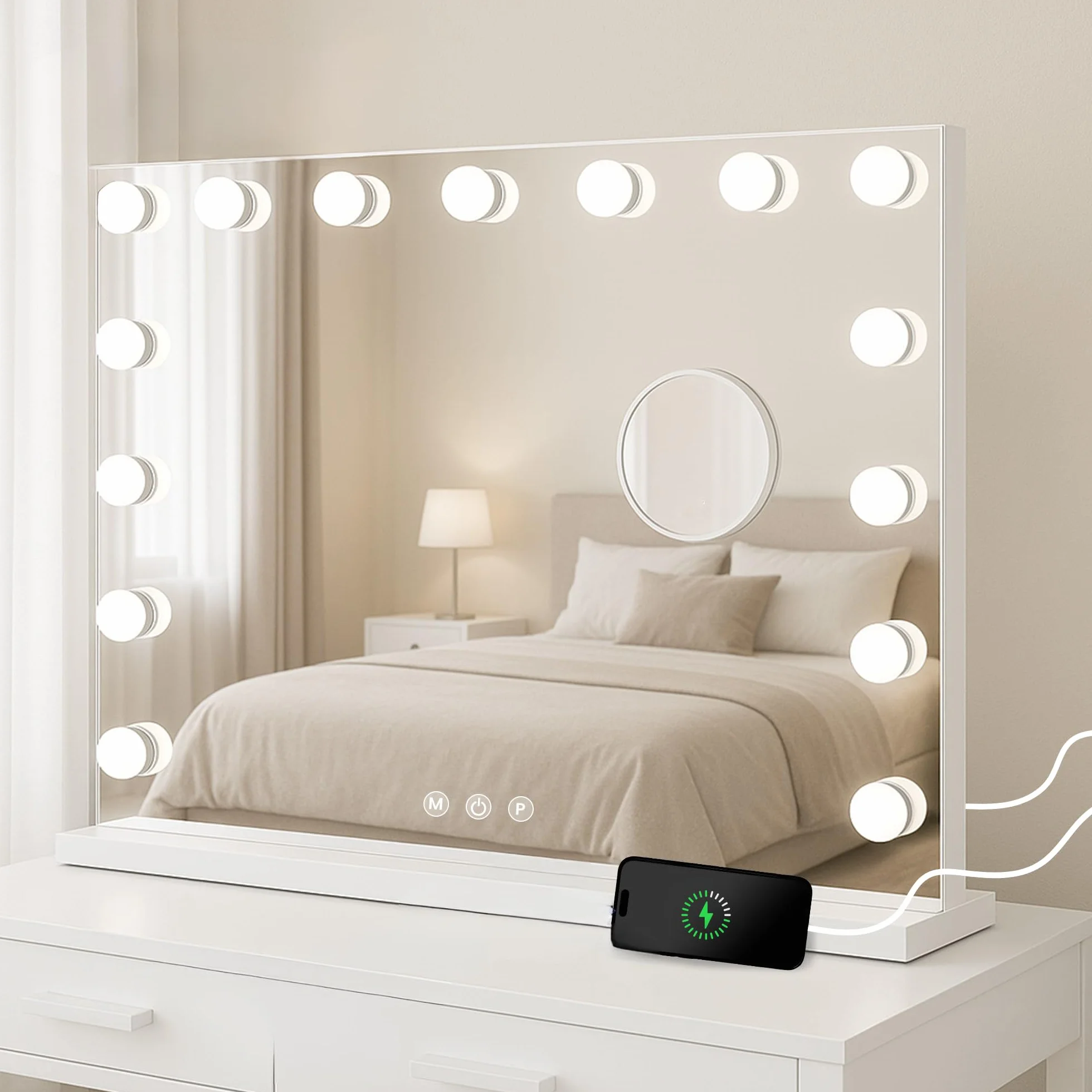 Bayt Lustro do makijażu Hollywood 80x60, regulowane oświetlenie LED, wbudowany Bluetooth, 10-krotne powiększenie, białe