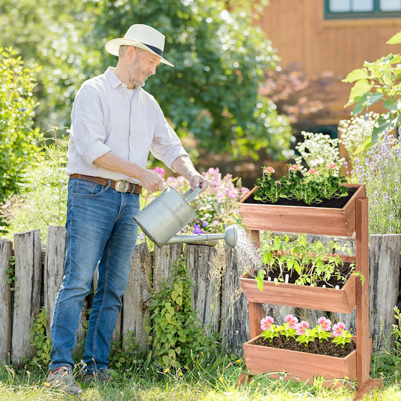 GOPLUS 3-piętrowa podwyższona grządka, kwietnik z drewna jodłowego, schodek na kwiaty z 3 doniczkami i otworami odpływowymi, do ogrodu, na balkon, taras (71 x 38 x 105 cm)