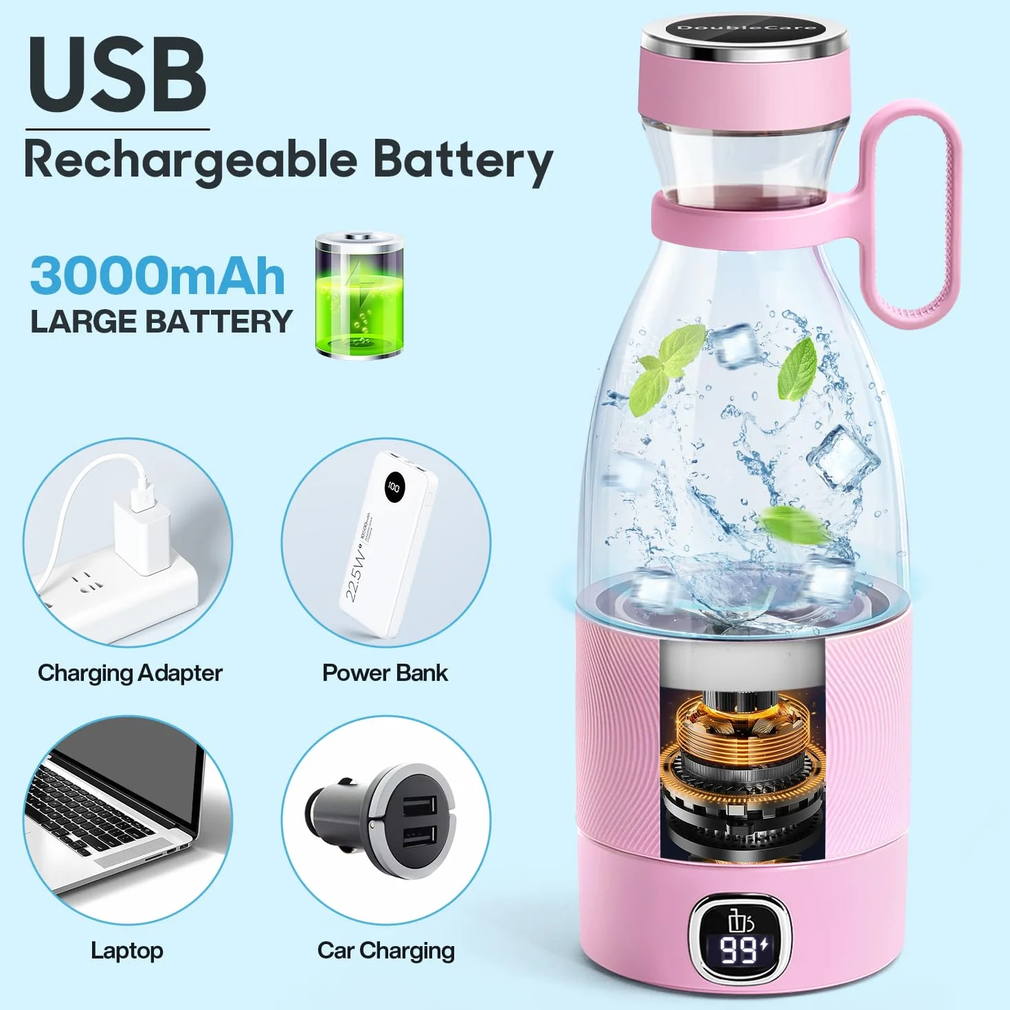 DoubleCare Przenośny blender, 6-ostrzowy elektryczny sokowirówka USB z wyświetlaczem LED, 350 ml mini blender do koktajli i smoothie, akumulator 3000 mAh, do rodzinnych sportów na świeżym powietrzu