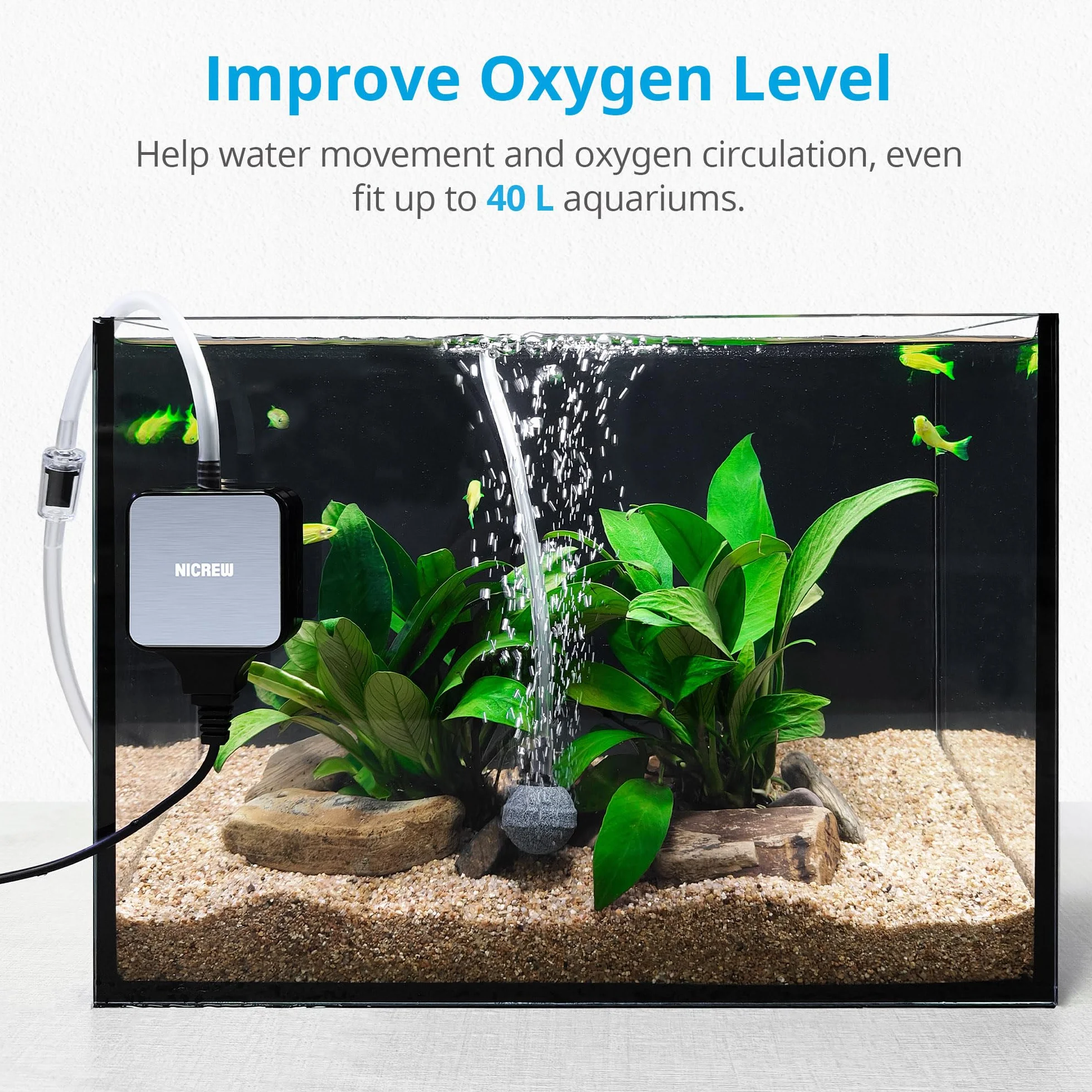 NICREW Buller akwariowy, Nano Silent Mini pompa powietrza do 40 l, ultra cicha <33 DB z kamieniem bąbelkowym, 18 L/H, 1,5W