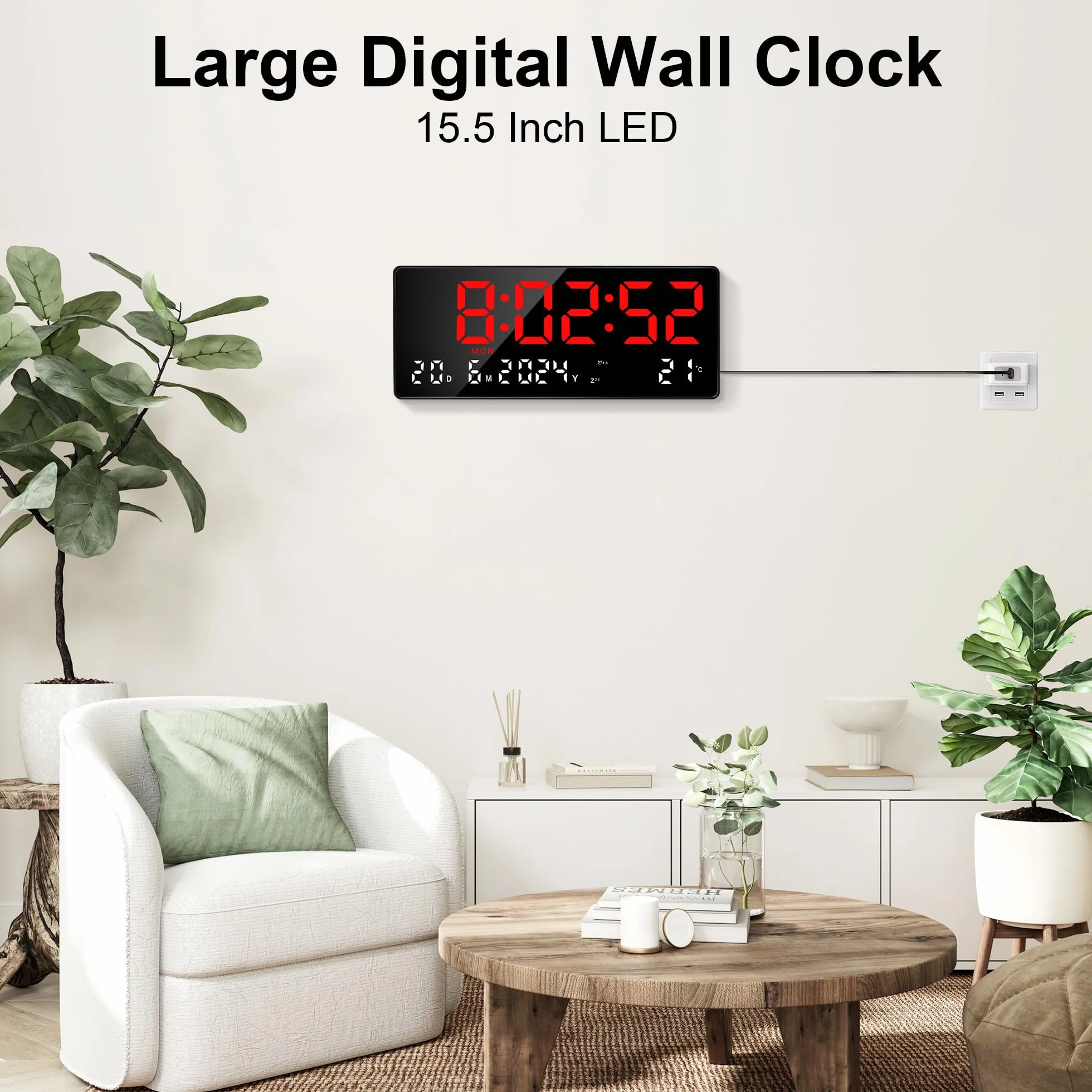 Lafocuse Zegar ścienny 15,5" cyfrowy LED, duży wyświetlacz, cyfrowy zegar ścienny i stołowy z pilotem zdalnego sterowania, dużymi cyframi, datą, temperaturą, tygodniem, nowoczesny zegar do salonu
