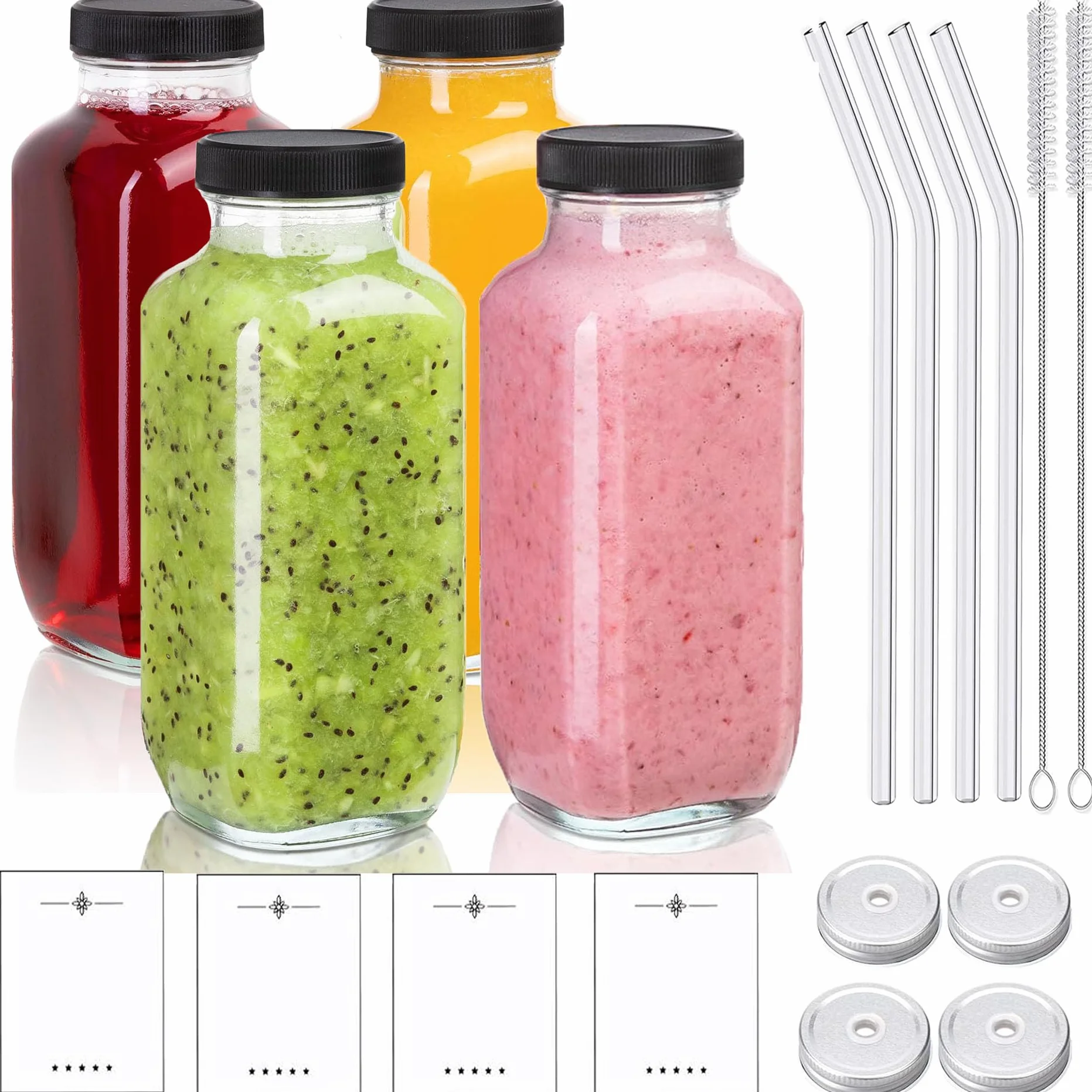 Butelki do smoothie i soków, 4 sztuki, 500 ml, wielokrotnego użytku, z pokrywką, idealne do imbiera i koktajli mlecznych