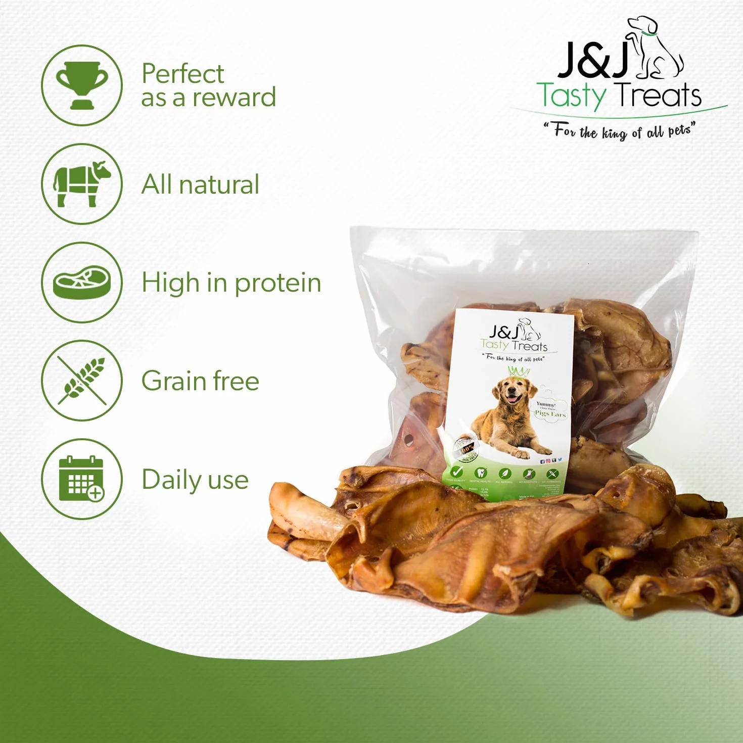 Ucho Wieprzowe dla Psa Duże, Sztuk, Zdrowe Naturalne Gryzaki dla Psa, Najwyższej Jakości Suszone Smakołyki dla Psa, Całe Wieprzowe Uszy dla Psów od J&J Tasty Treats (8 sztuk (w jednym opakowaniu))