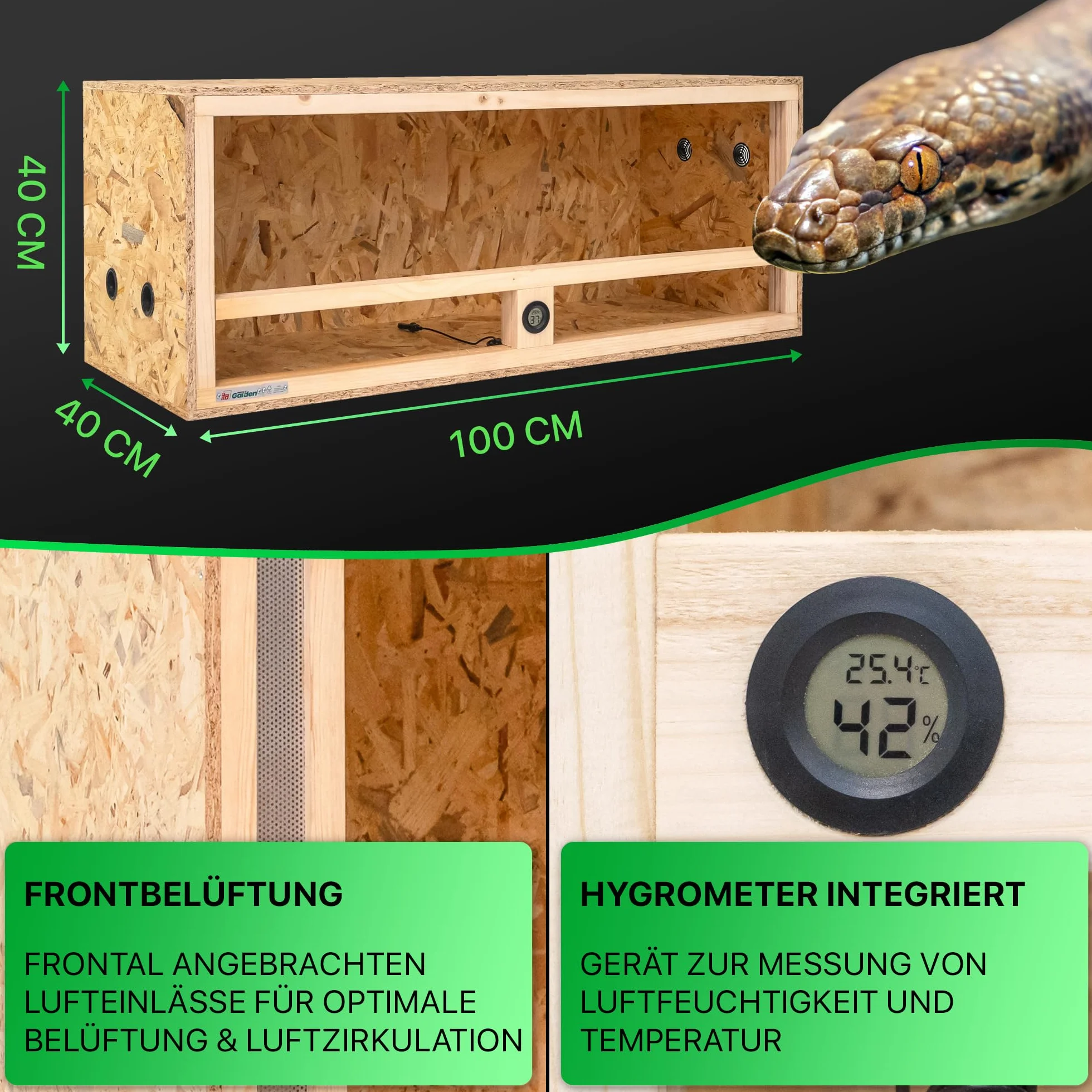ITA Drewniane terrarium 100x40x40 cm OSB-3 zintegrowana wentylacja higrometr dla gadów
