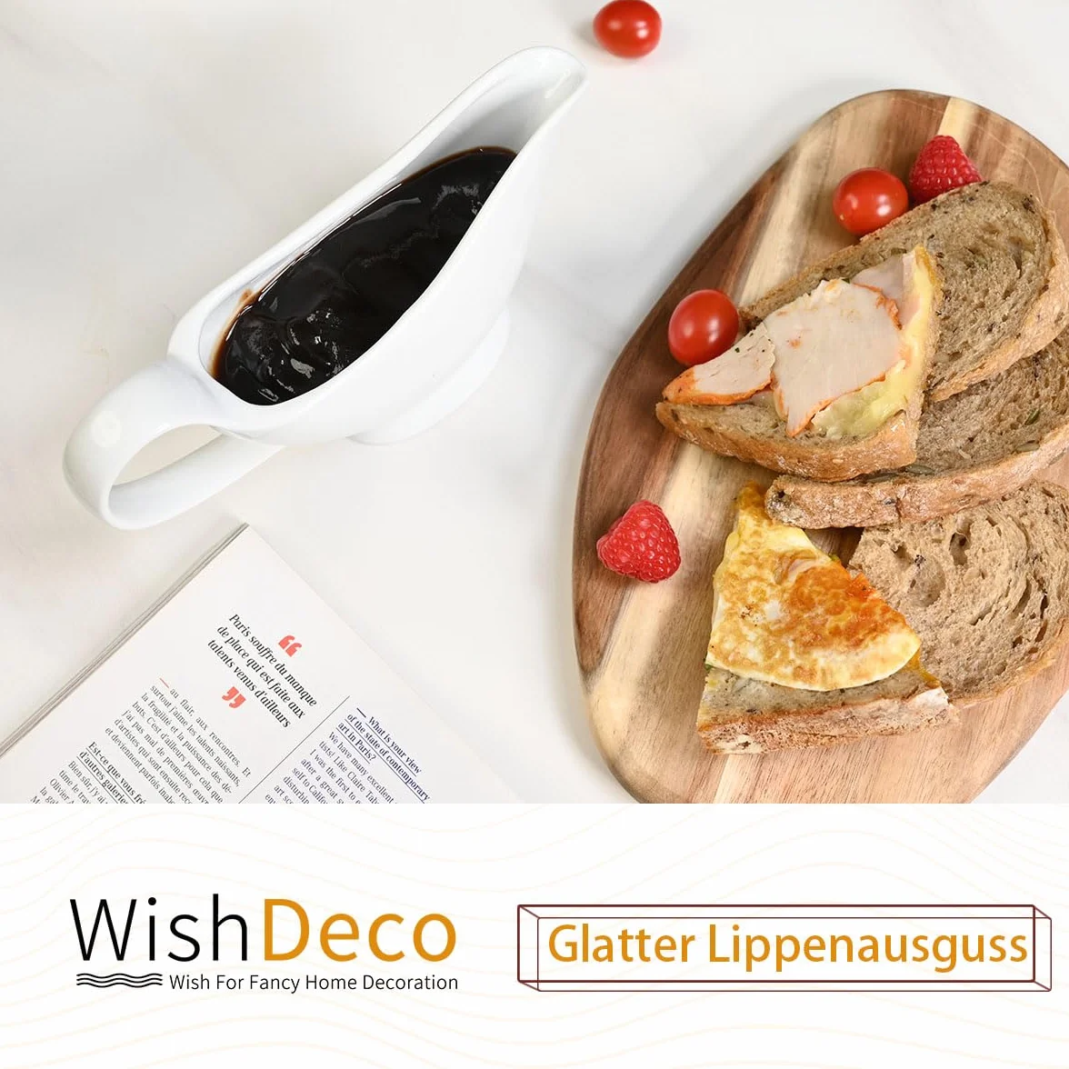 WishDeco Ceramiczna sosjerka, porcelana, sosjerka z dzióbkiem do ust, sosów, sałatek, dzbanków do śmietany, bulion mleczny, czarny pieprz, biały, 20 ml