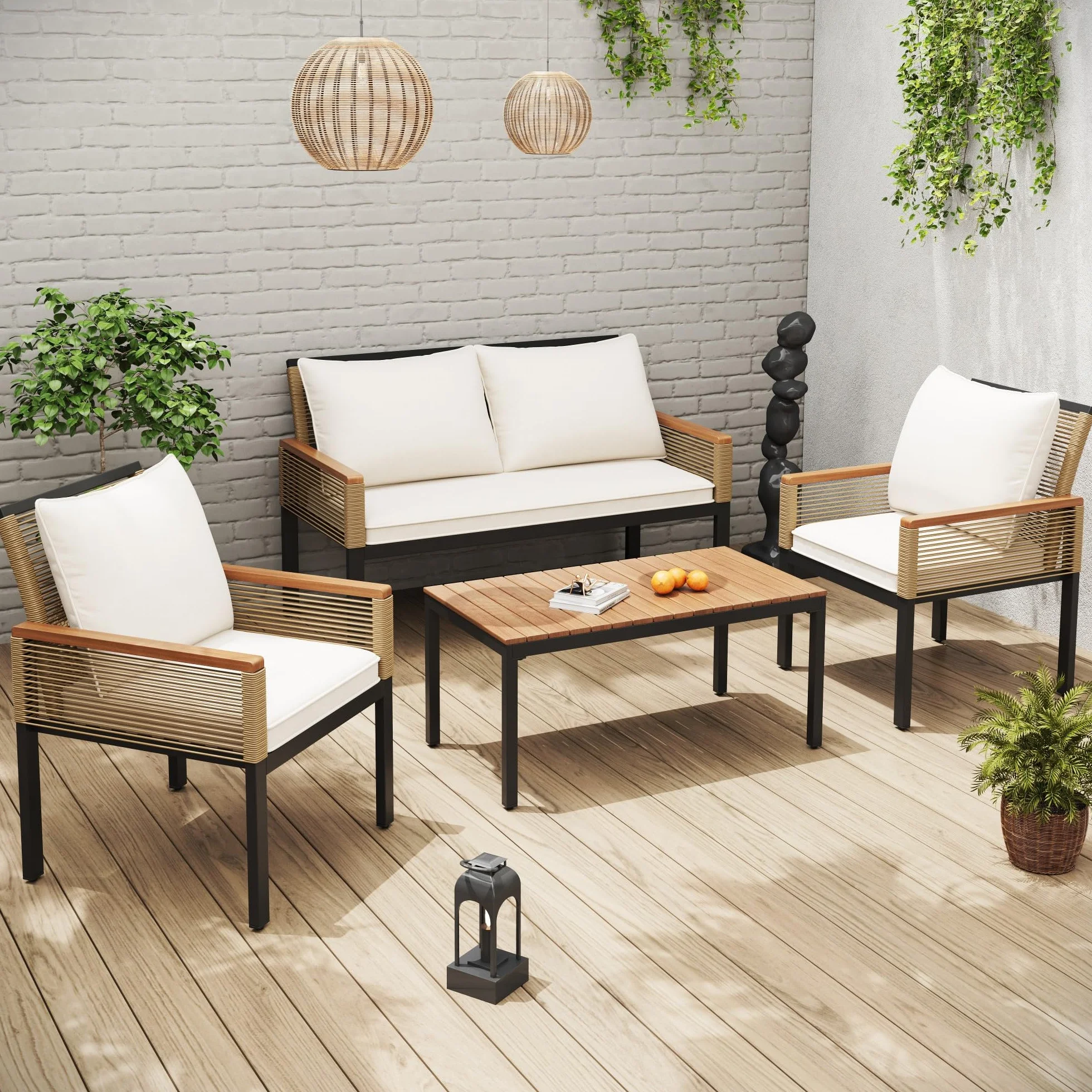 Zestaw mebli ogrodowych z wygodną poduszką, podwójna sofa, 2 fotele i stół, do użytku na zewnątrz, rattan, stół i krzesła (beżowy)