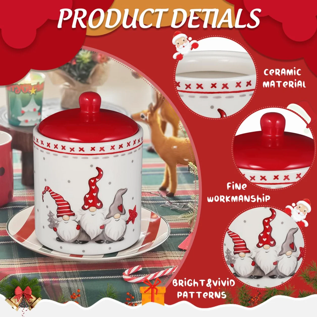 Housoutil Puszka na ciasteczka ceramiczna na Boże Narodzenie, Puszka na ciasteczka na Boże Narodzenie ceramiczna z pokrywką, hermetyczna do przekąsek z płatkami śniadaniowymi i suszonymi owocami