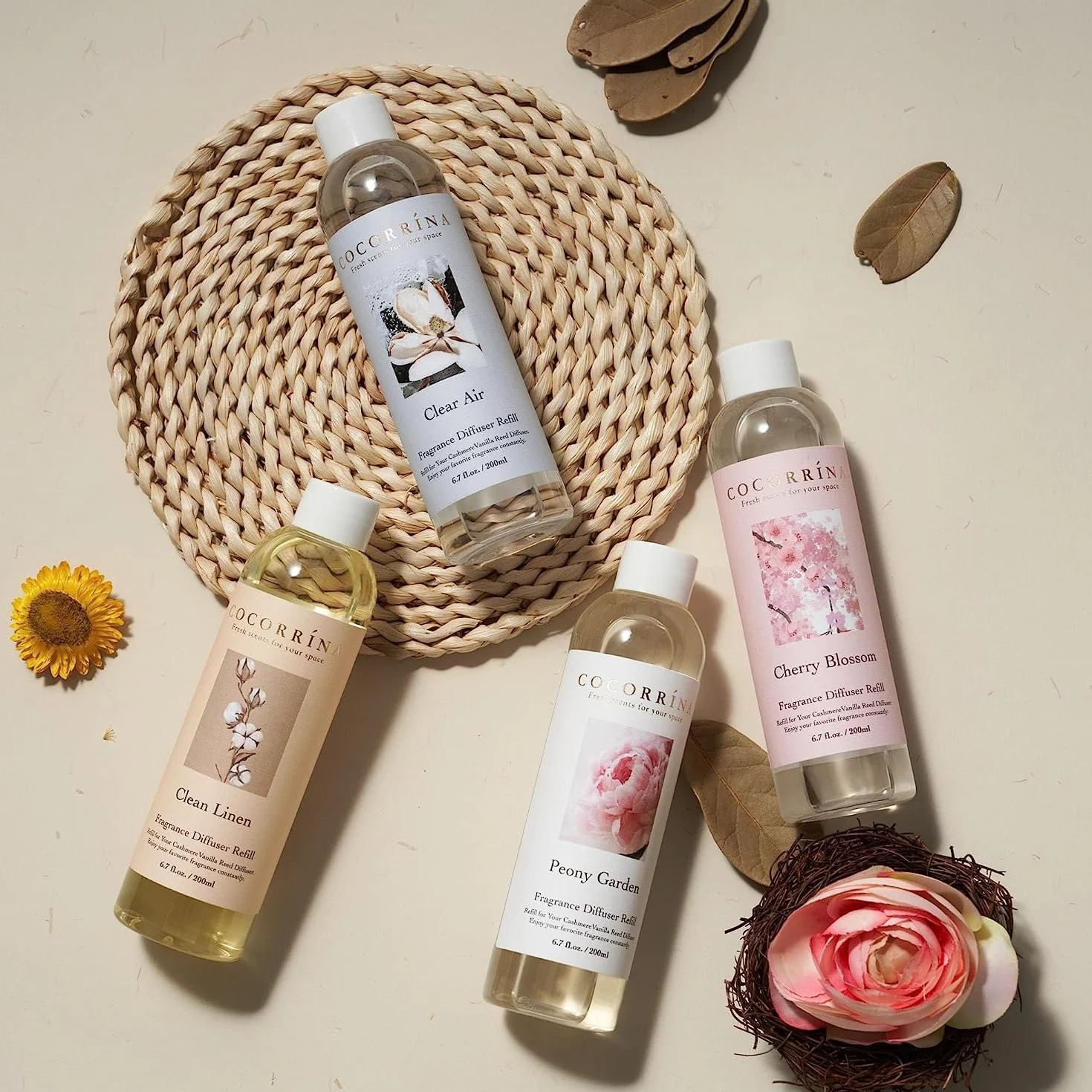 COCORRÍNA Wkład zapachowy do pomieszczeń, 200 ml, Fresh Linen, długotrwały zapach z naturalnymi olejkami eterycznymi, odświeżający i uspokajający zapach do pomieszczeń do salonu, sypialni i łazienki