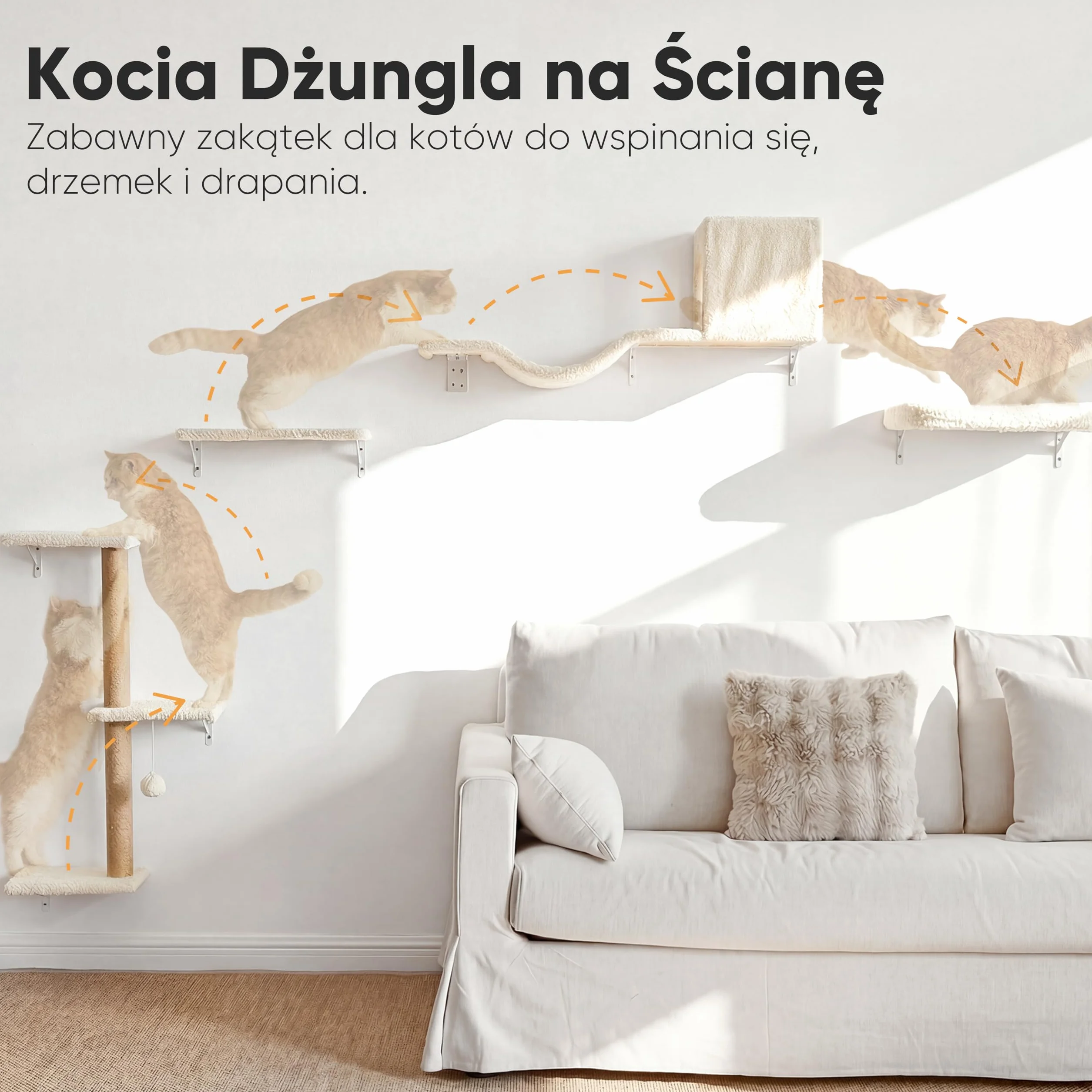 FUKUMARU Półki Ścienne dla Kotów, Stabilne i Bezpieczne, 4 w 1, Duży Zestaw Mebli dla Kotów, Drewniane, Wspinaczkowe, z Drapakiem, Pasuje do Różnych Powierzchni Ścian, Beżowe