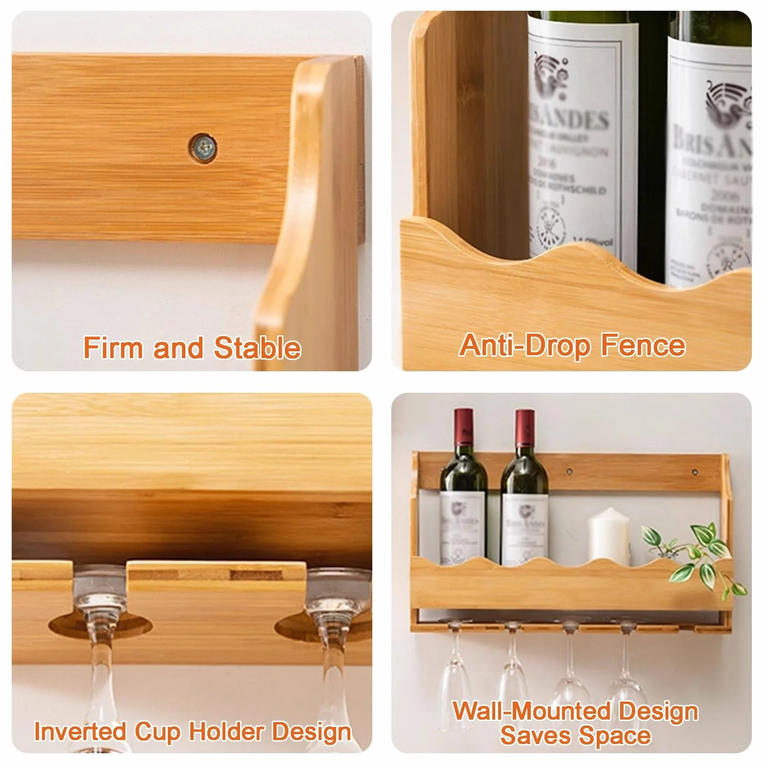 Ścienny Stojak na Wino z Bambusa, Wieszak na Kieliszki Winne | Ścienny Stojak Bambusowy, Zabezpieczenie Przed Upadkiem, Wieszaki na Kieliszki, Komplet Osprzętu(Wood color)