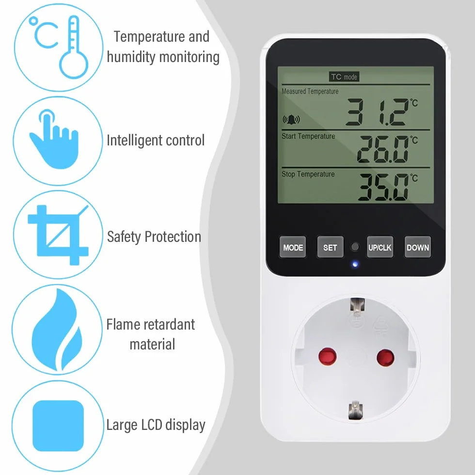 Cyfrowy regulator wilgotności z gniazdkiem 16 A 230 V z czujnikiem i alarmem