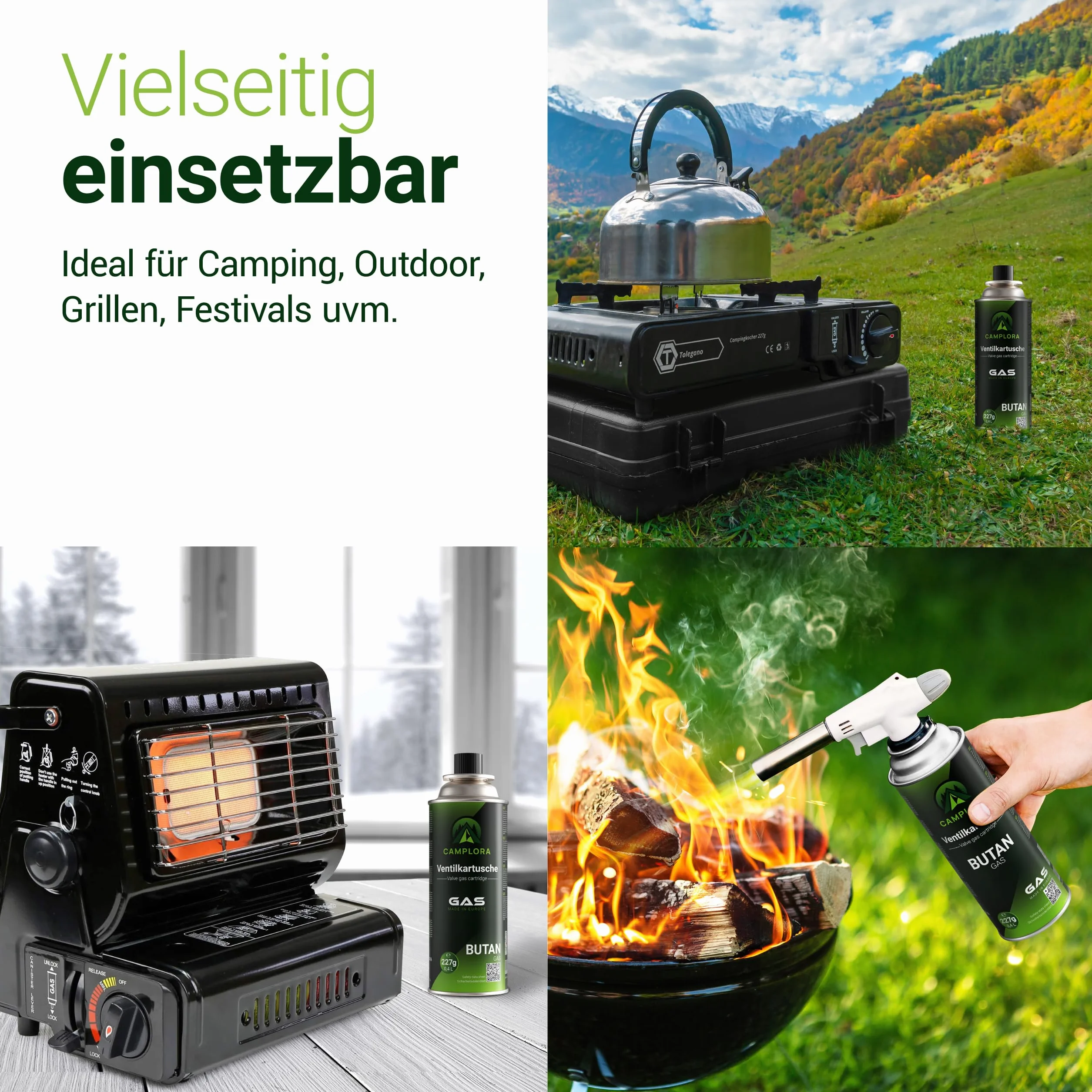 CAMPLORA 4 x 227 g butanowe kartusze gazowe z zaworem MSF-1a do grilla, kuchenki kempingowej, ogrzewania gazowego, kuchenki gazowej, kartuszy gazowych 227 g, butla gazowa z butanem
