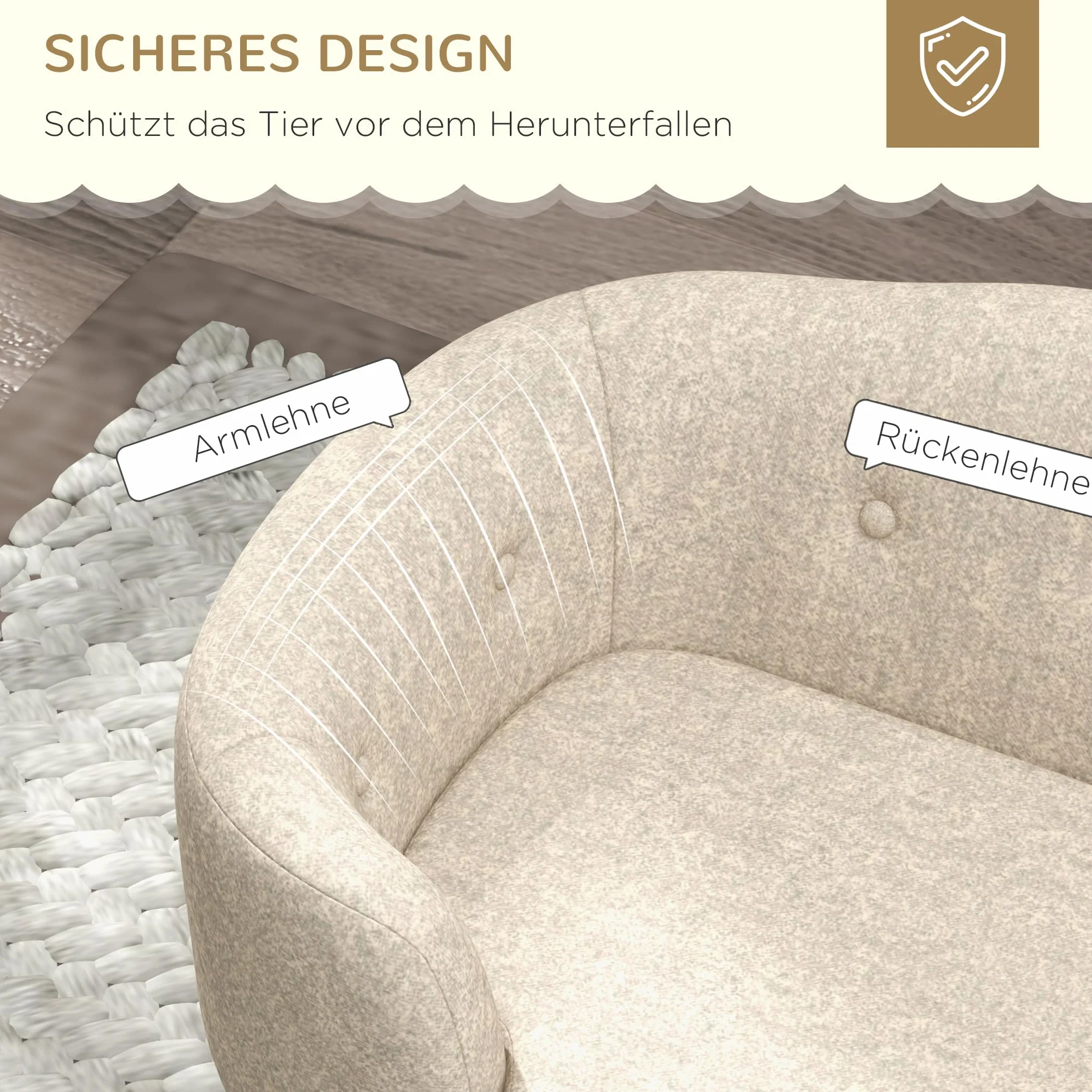 PawHut Sofa dla psa legowisko kanapa z poduszką plusz pianka drewno sosnowe beżowy jasnoszary 70x47x30 cm