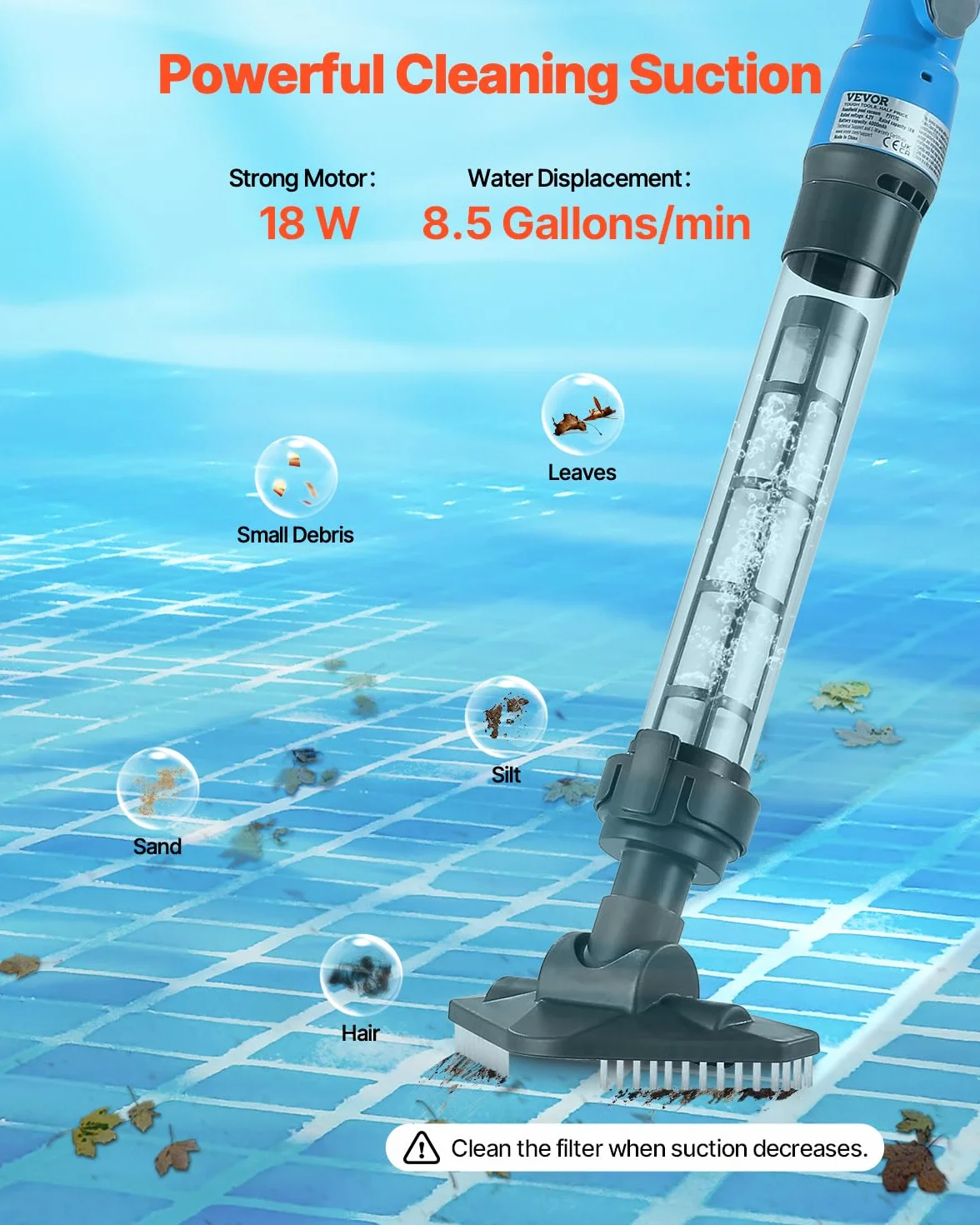 VEVOR Bezprzewodowy odkurzacz basenowy (32 l/min) do jacuzzi z drążkiem przedłużającym, do wielokrotnego ładowania, działa do 1 godziny, do basenów naziemnych/wpuszczonych