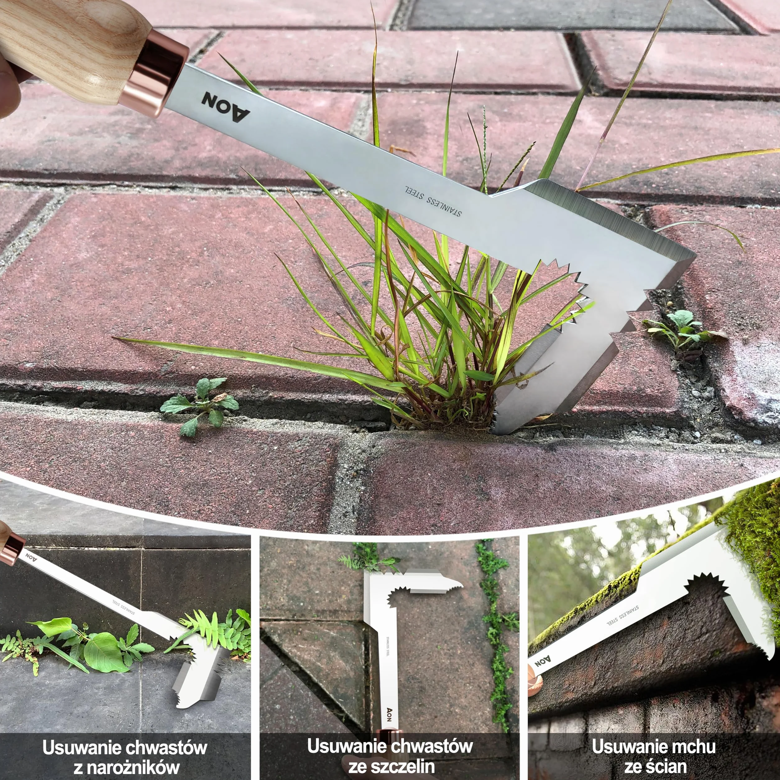 aon Zestaw 2 narzędzi – Odchwaszczacz y Skrobak do fug, Wyrywacz chwastów con acero tratado térmicamente y mango ergonómico de madera de fresno, ideal para jardines y patios, elimina malezas de raíz