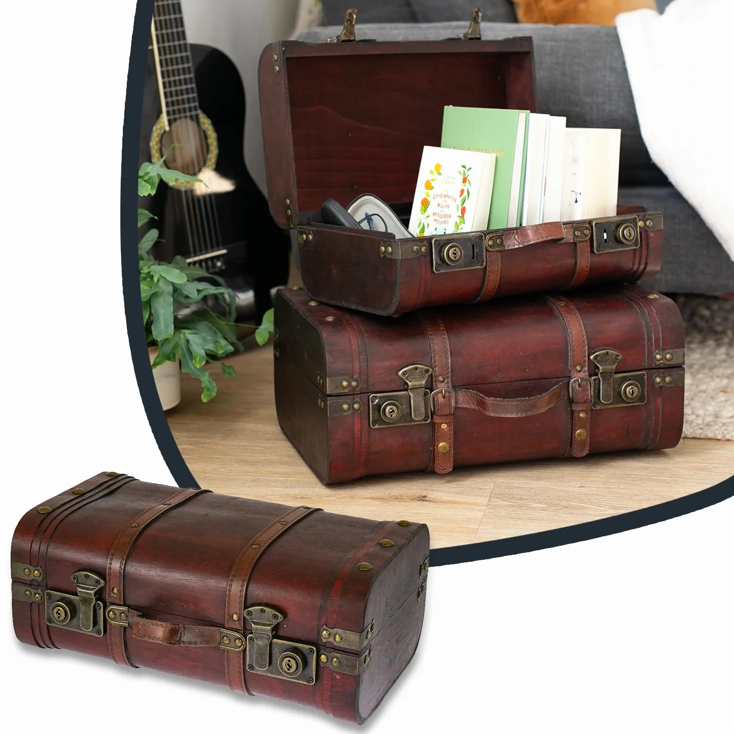 HMF 6412-140 Drewniana skrzynia na skarby, walizka w stylu vintage, duża, Peru, 40 x 23,5 x 16,5 cm