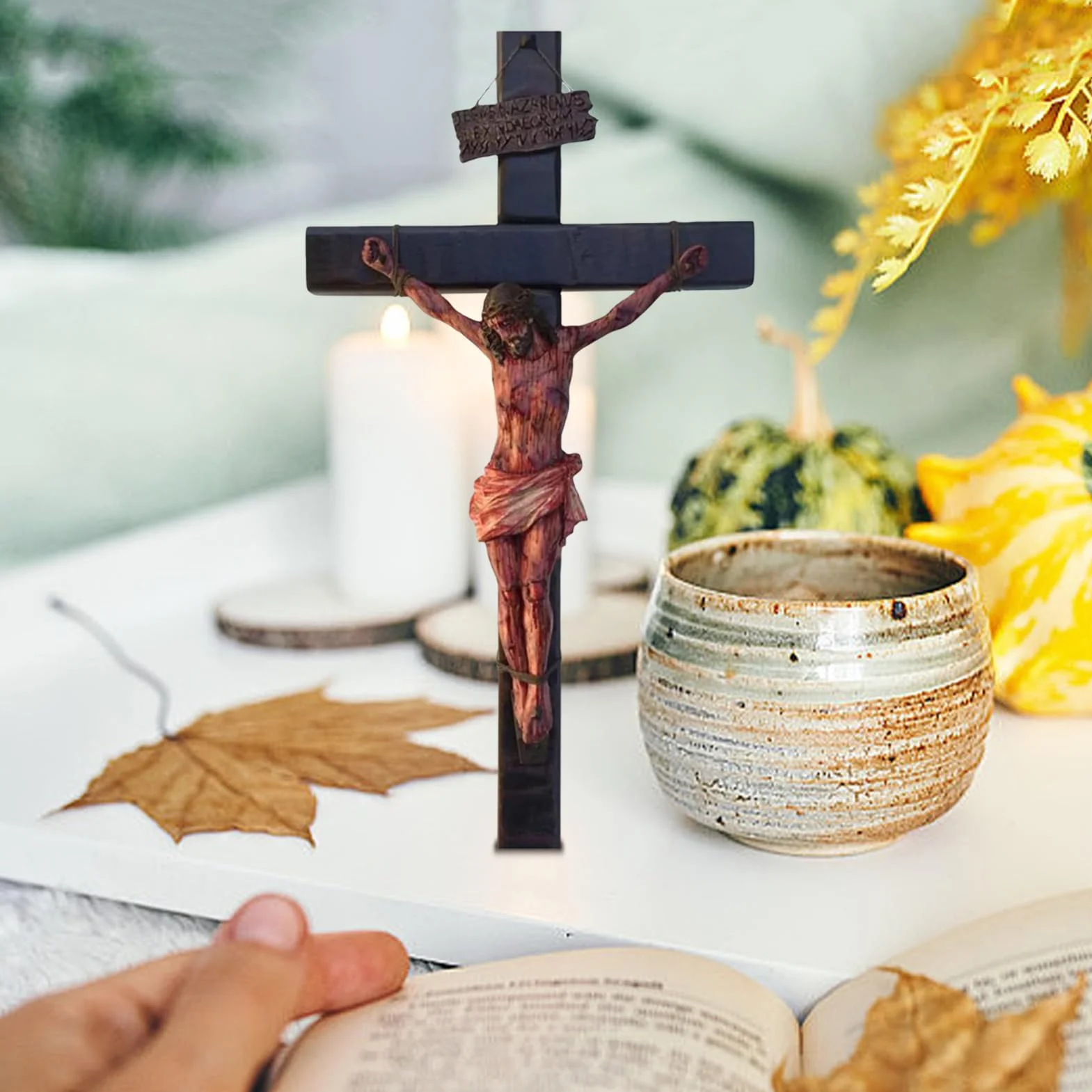 Wall Crucifix, Handmade Christian Decor, Religious Collectible Figurine, Sturdy Craftsmanship, Detailed Passion Design, Ideal for Meditation and Prayer, 8.07 Inches, Brown, 1 Piece
