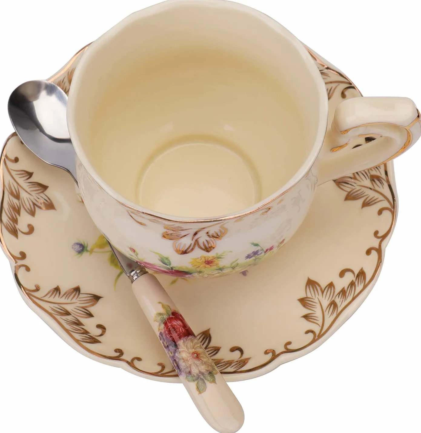 Vintage Rose Retro Porcelana kostna Herbata Kawa Herbata Filiżanki i Spodki z łyżkami i uchwytem na kubek Kwiatowe filiżanki do kawy dla 2 osób