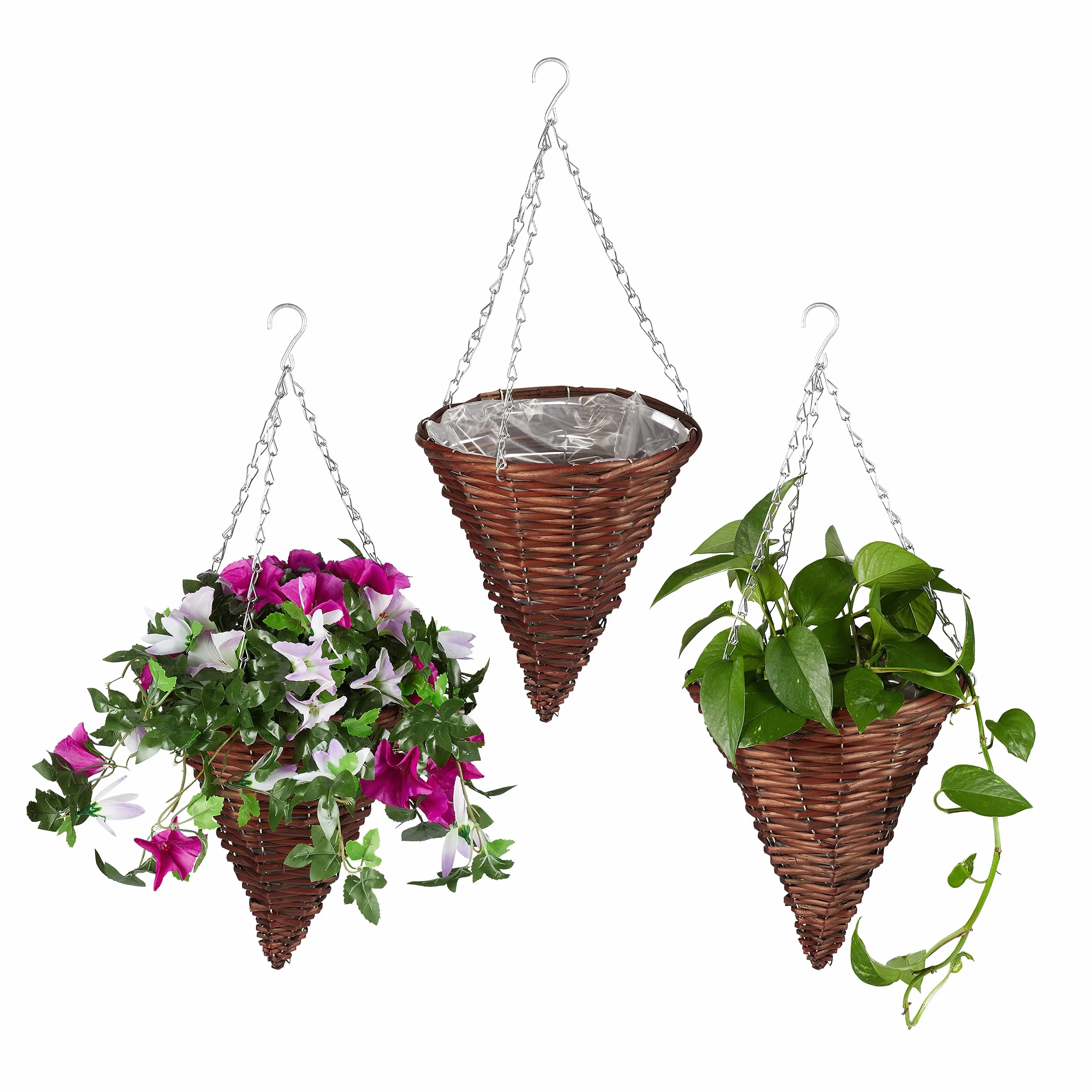 Relaxdays Zestaw 3 doniczek wiszących, wiklina plecionka, ręcznie wykonana, folia, łańcuch żelazny, doniczka wisząca wys. x śr.: 30 x 25 cm, brązowa