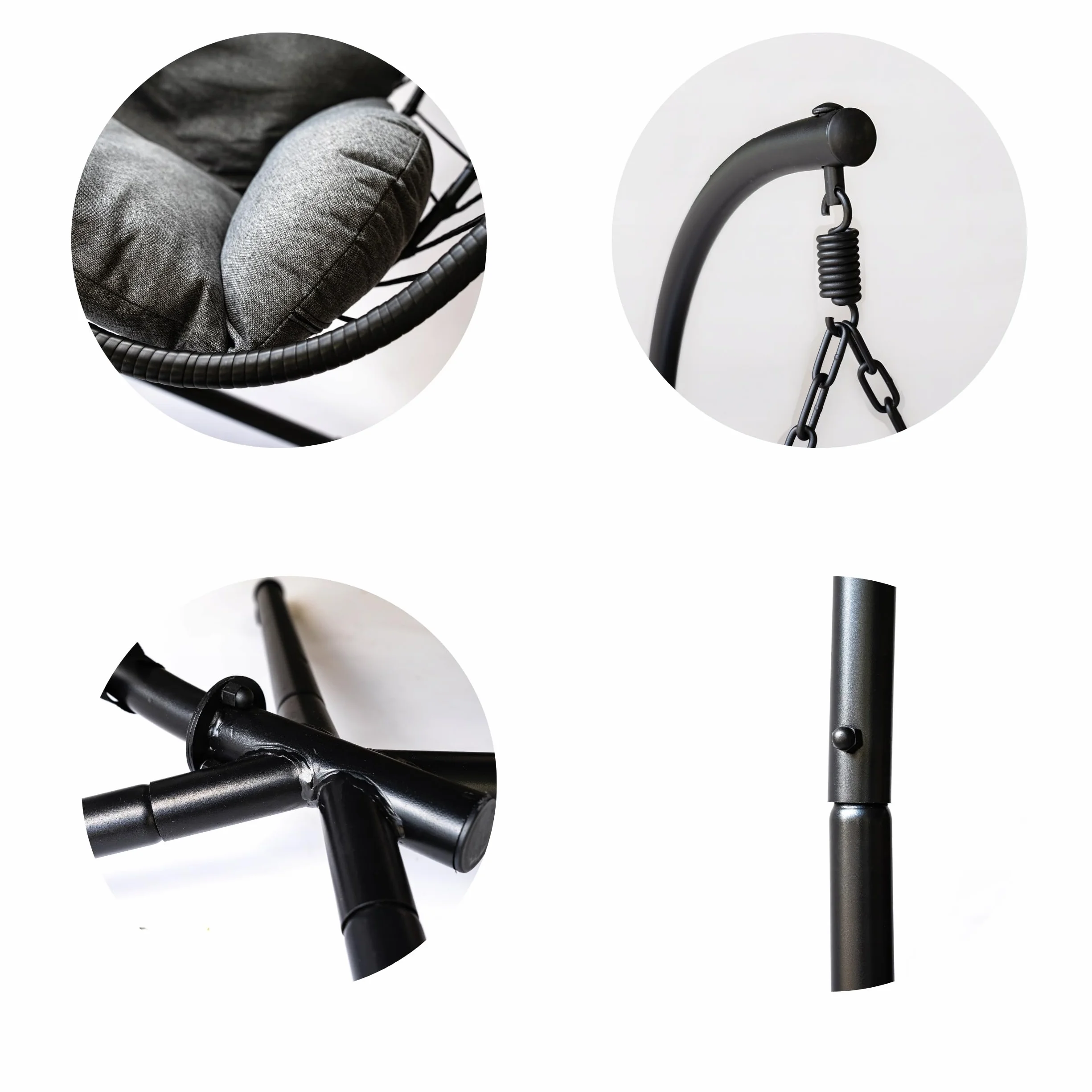 Fotel wiszący ogrodowy kokon ciemno-szary, Premium jakość, styl Urban Loft, 4-ramienna podstawa, do ogrodu, na taras, na balkon