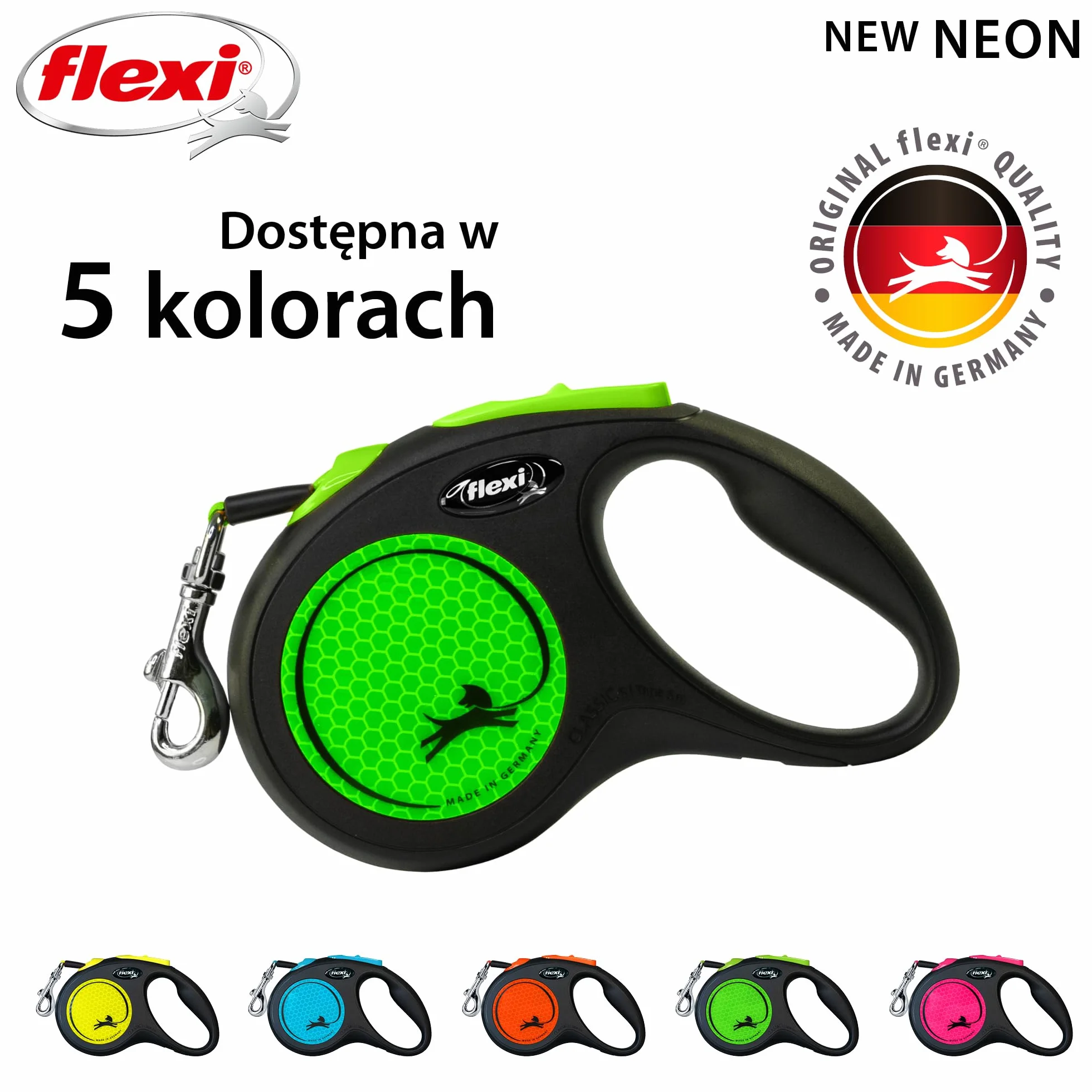 Flexi Nowa neonowa taśma zielona mała 5 m chowana smycz dla psa/smycz dla psów do 15 kg