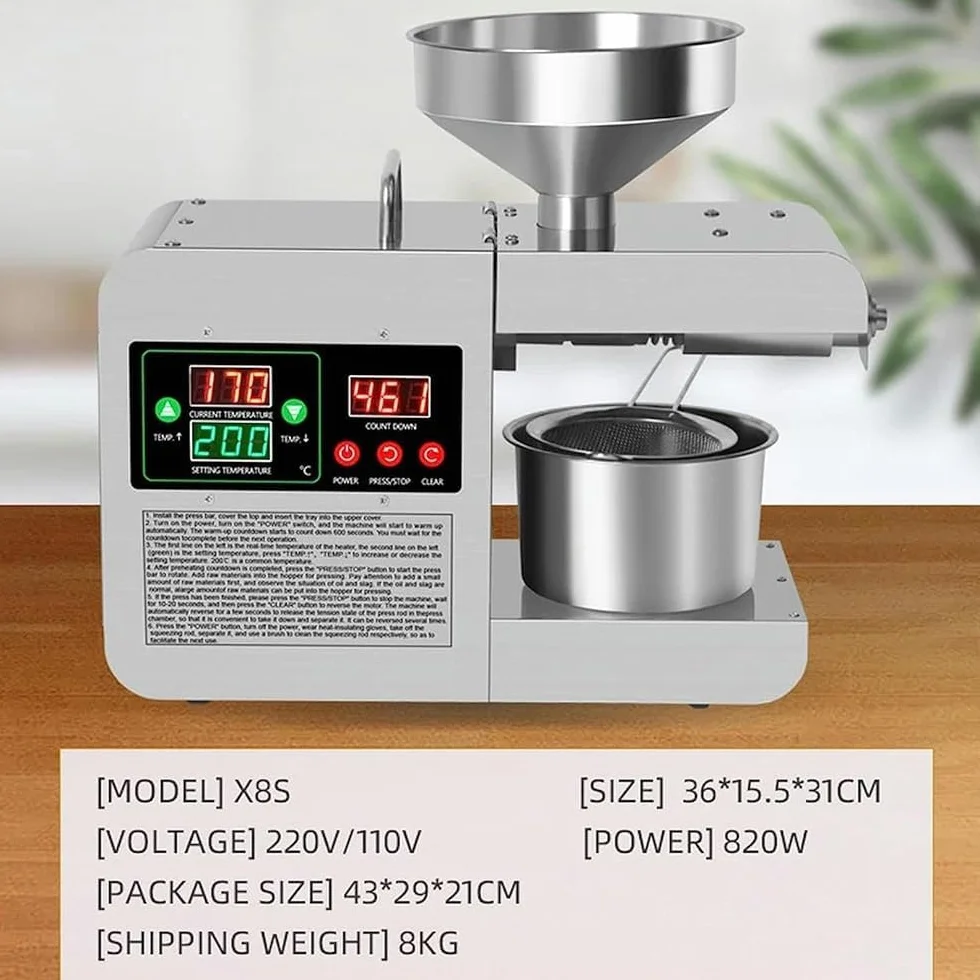 Ekstraktor oleju z nasion tłoczony na zimno, inteligentna kontrola, regulacja temperatury 40-240℃ do domowej kuchni i użytku komercyjnego