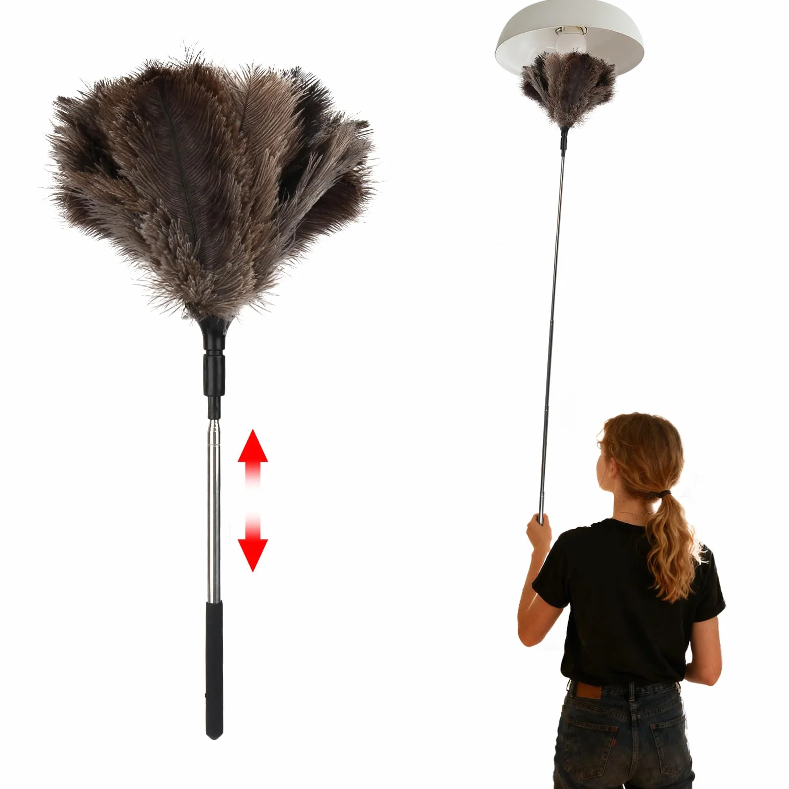 Teleskopowa miotełka do kurzu, strusie pióra, 18-120 cm, długa, wysuwana, nadaje się do prania, antystatyczna, do sufitów, mebli, wentylatorów, pajęczyn, samochodu, biura, bez zarysowań
