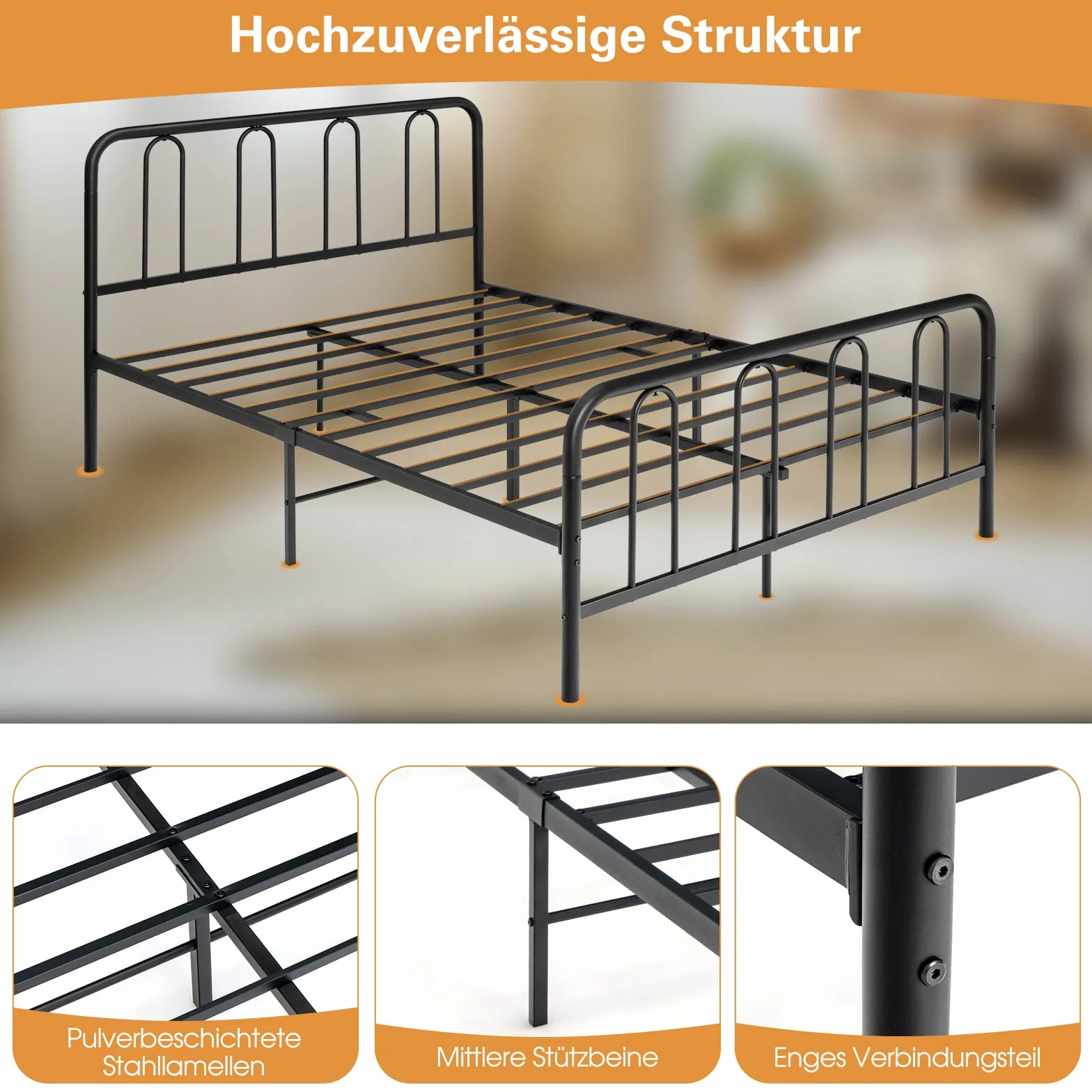 Costway Metalowa rama łóżka, na materac 200 x 140 cm, rama łóżka podwójnego, ze stelażem, z miejscem do przechowywania pod łóżkiem, metalowe łóżko dla gości