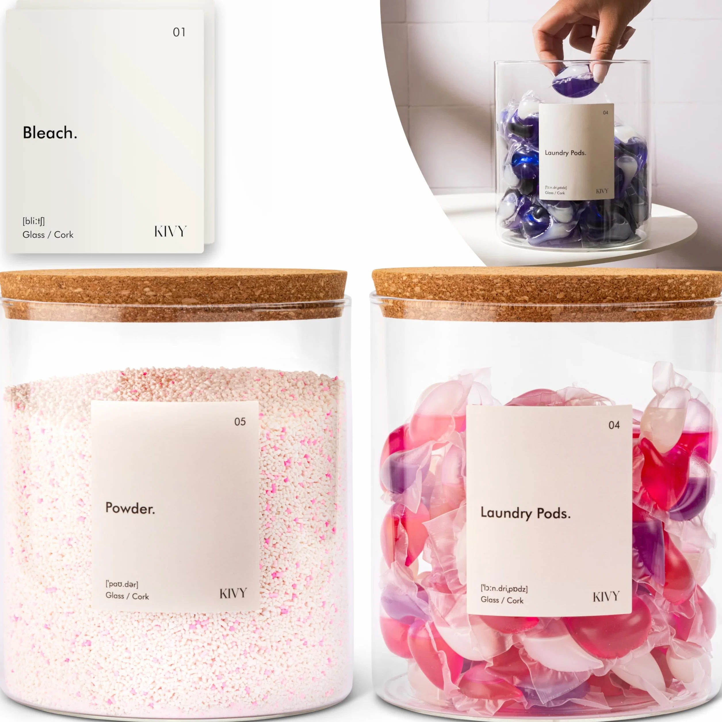 KIVY Dozownik detergentu do prania szklany słoik + etykiety [2 x 1,814.4 g] Organizacja i przechowywanie pralni - Pojemnik na kapsułki na pranie - Uchwyt na detergent do prania - Pojemnik na proszek