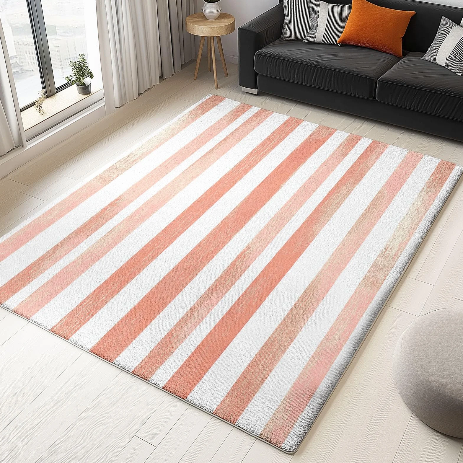 Nowoczesny różowy dywan 140 x 200 cm krótkie runo, zmywalny, antypoślizgowy poziomy wzór w paski, do salonu, jadalni, sypialni, wystrój domu