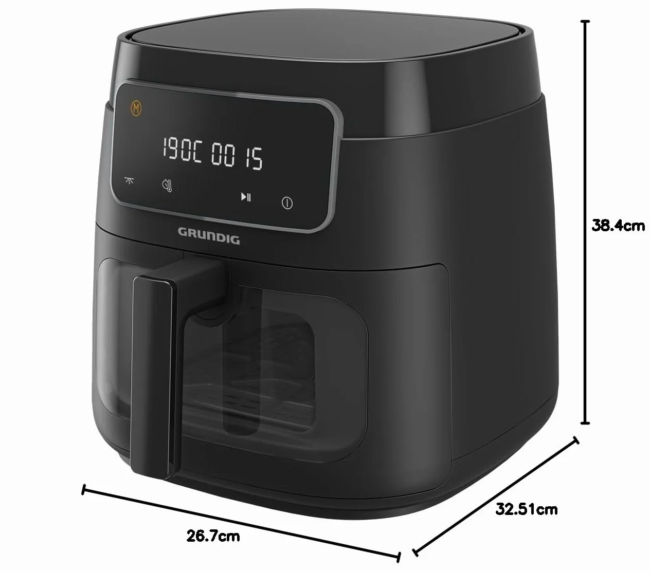 Grundig FRY 7320 frytkownica na gorące powietrze, pojemność 7,6 l, 1750 W, wyświetlacz dotykowy, duże okienko, regulacja temperatury i czasu, powłoka zapobiegająca przywieraniu, kosz nadaje się do