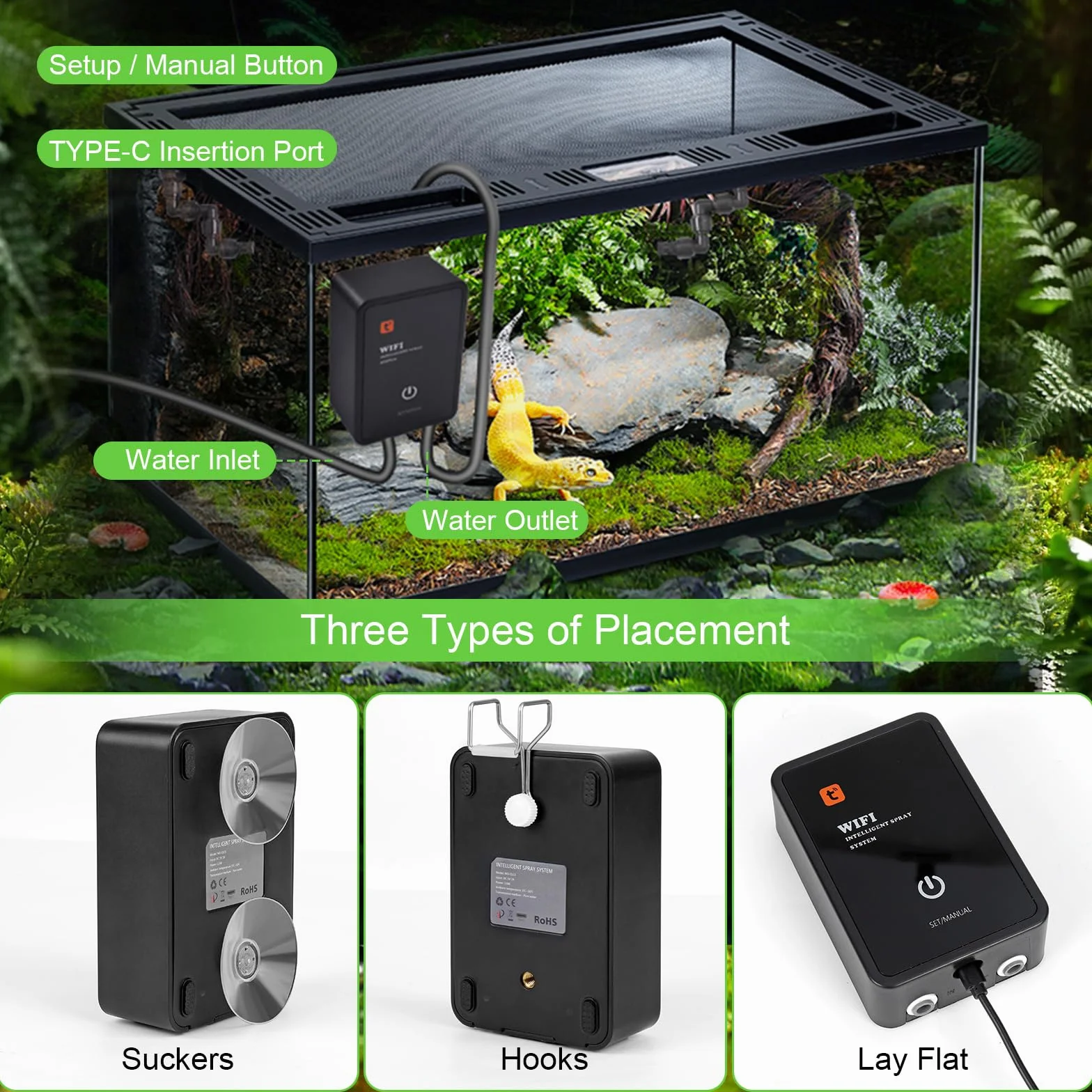 Inteligentny system nawadniania terrarium, Glovios nawilżacz terrarium z timerem i dyszami natryskowymi z regulacją 360 °, nawilżacz terrarium, nebulizator terrarium dla płazów gadów roślin