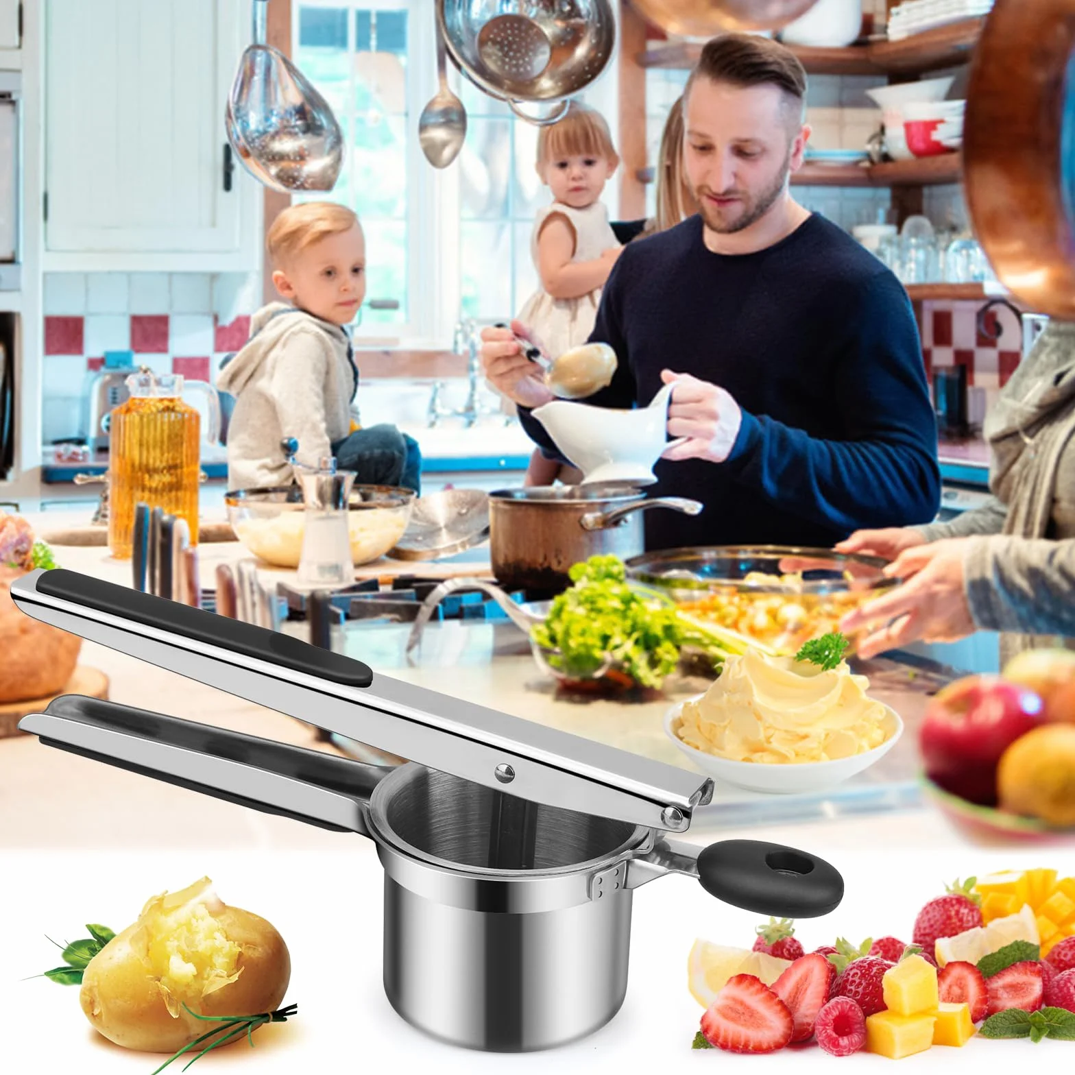 Tłuczek do ziemniaków Ricer, spożywcza prasa do ziemniaków ze stali nierdzewnej z 3 wymiennymi tarczami, wielofunkcyjny Ricer do tłuczonych ziemniaków, puree, owoców i warzyw, żywności dla niemowląt