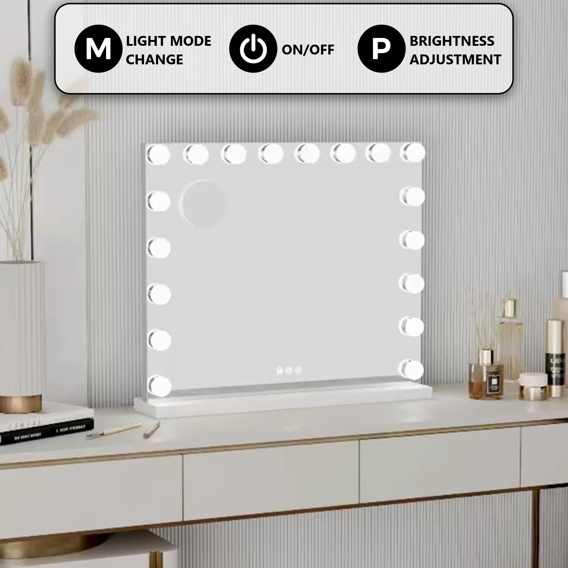 Bayt Lustro do makijażu Hollywood 80x60, regulowane oświetlenie LED, wbudowany Bluetooth, 10-krotne powiększenie, białe