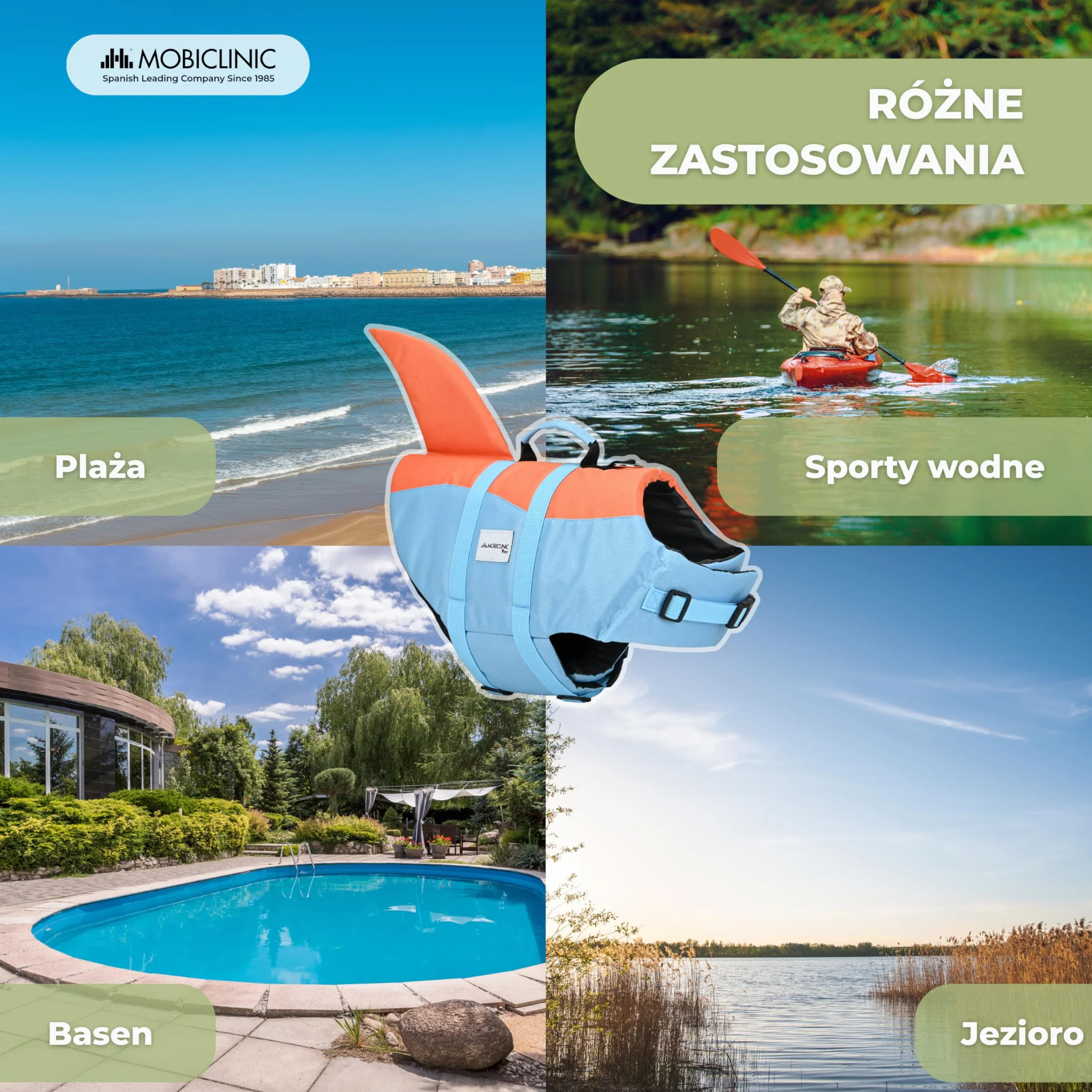 Mobiclinic®, Kamizelka Ratunkowa dla Psa, Konstrukcja Płetwy Rekina, Uchwyt Ratunkowy, Regulowane Szelki, Kółko do Smyczy, Wysoka Wyporność i Widoczność, Sharky, Lekkość, Pływanie, Surfing, Żeglarstwo