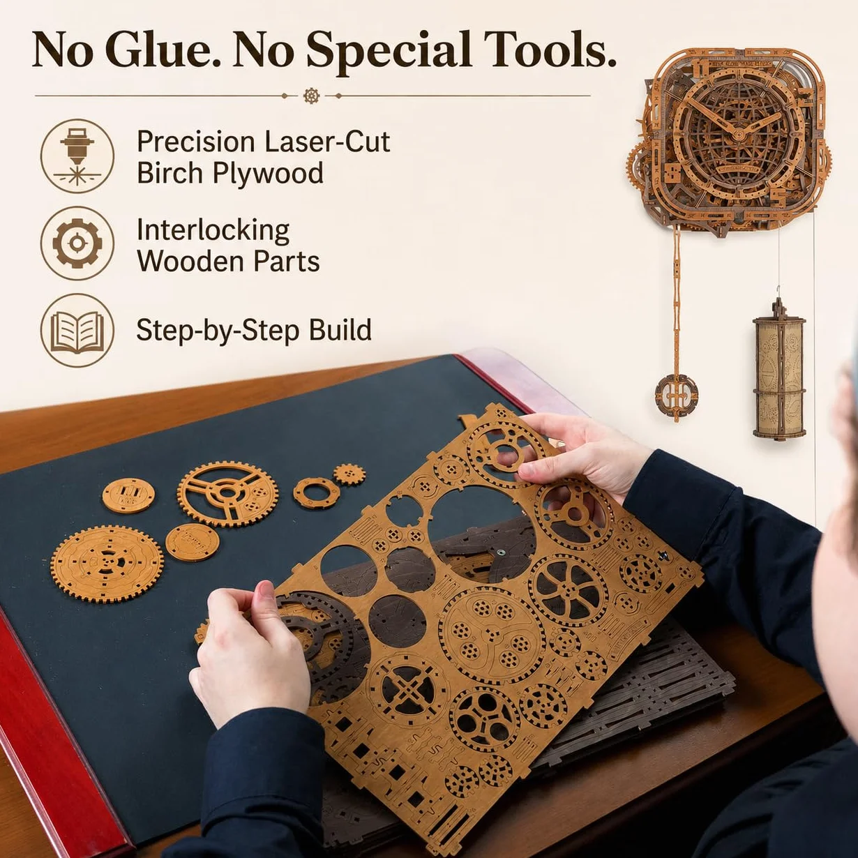 WOODEN.CITY 3D Drewniane puzzle – zegar ścienny Gear Globe, drewniany zegar, puzzle, model, zestaw do budowania dla dorosłych, 369 elementów, mechaniczny zegar z puzzlami 3D, nie wymaga kleju