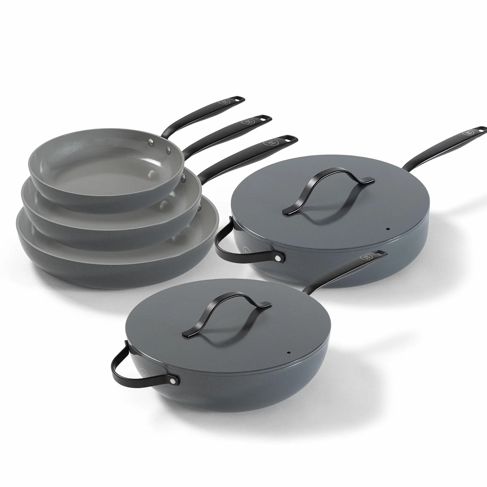 BE Living Essential 5-częściowy zestaw garnków, Ø 20, 24 i 28 cm patelnia do smażenia + Ø 30 cm patelnia do gotowania + Ø 28 cm, zestaw patelni, ceramiczne, bez PFAS, indukcja, szary