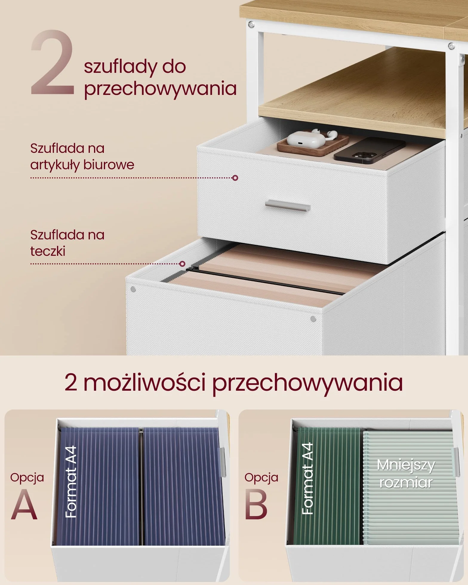 VASAGLE Biurko komputerowe, stół ze schowkiem, 3 półki, 2 szuflady, 60 x 140 x 76 cm, do biura, salonu, nowoczesnego stylu, kolor naturalny dąb i perłowa biel LWD104Y01