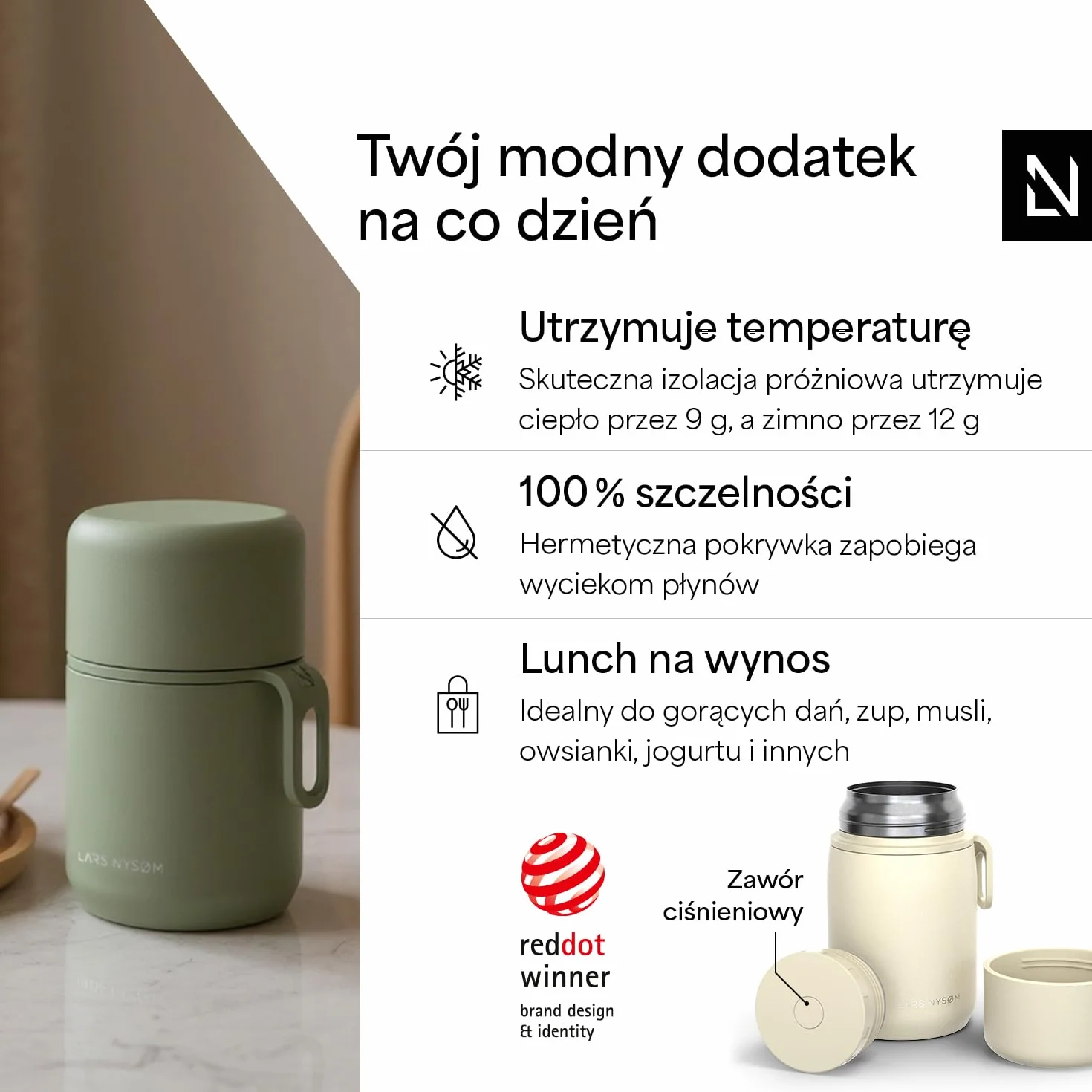 LARS NYSØM Termiczny Pojemnik na Żywność ze Stali Nierdzewnej - Szczelny Lunchbox na Ciepłe i Zimne Posiłki, Szeroki Termos na Zupę do Pracy i w Podróży (Almond Beige, 700ml)