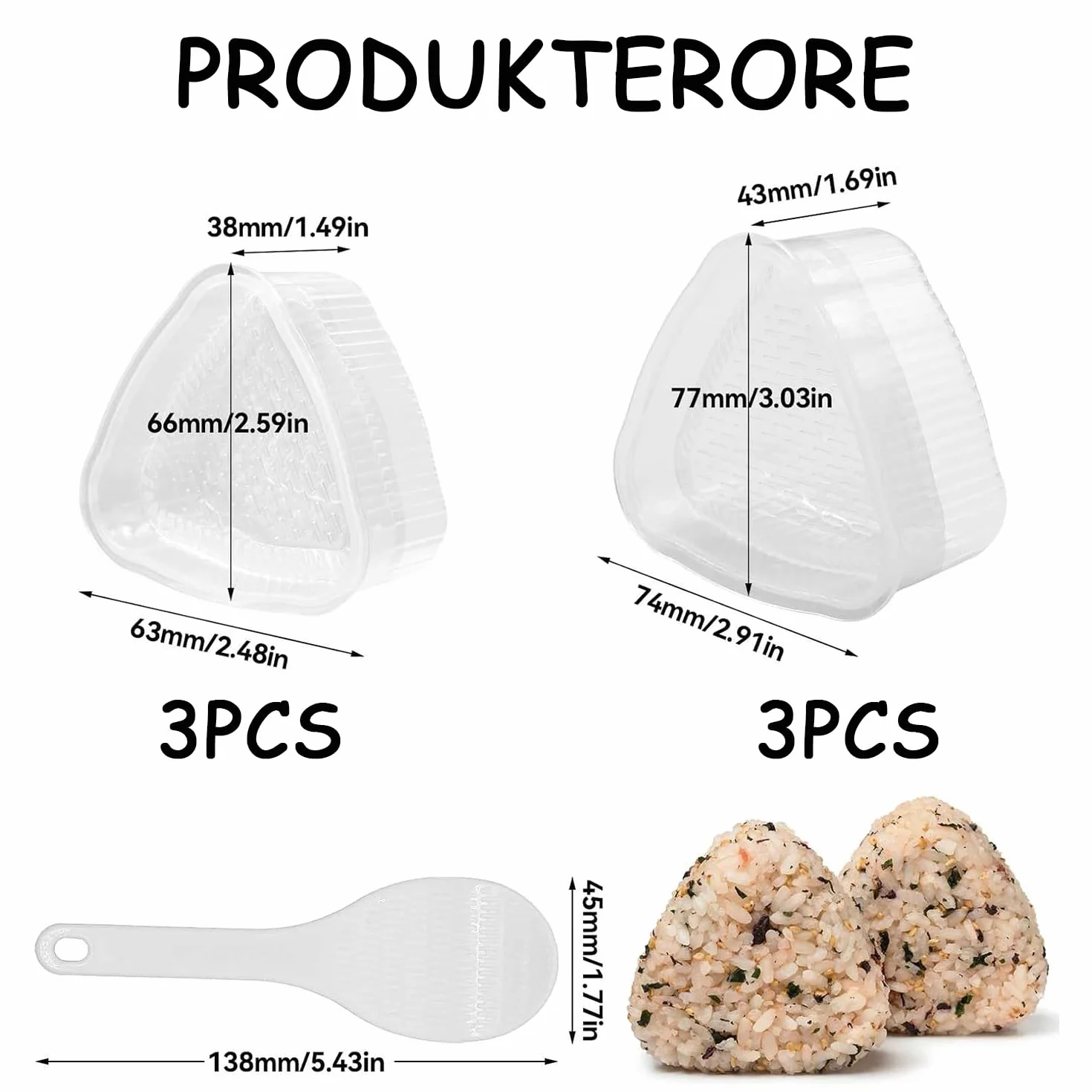 YXHZVON Zestaw 6 trójkątnych foremek do sushi z 1 łyżką do ryżu, do samodzielnego wyciskania Onigiri (3 duże i 3 małe)