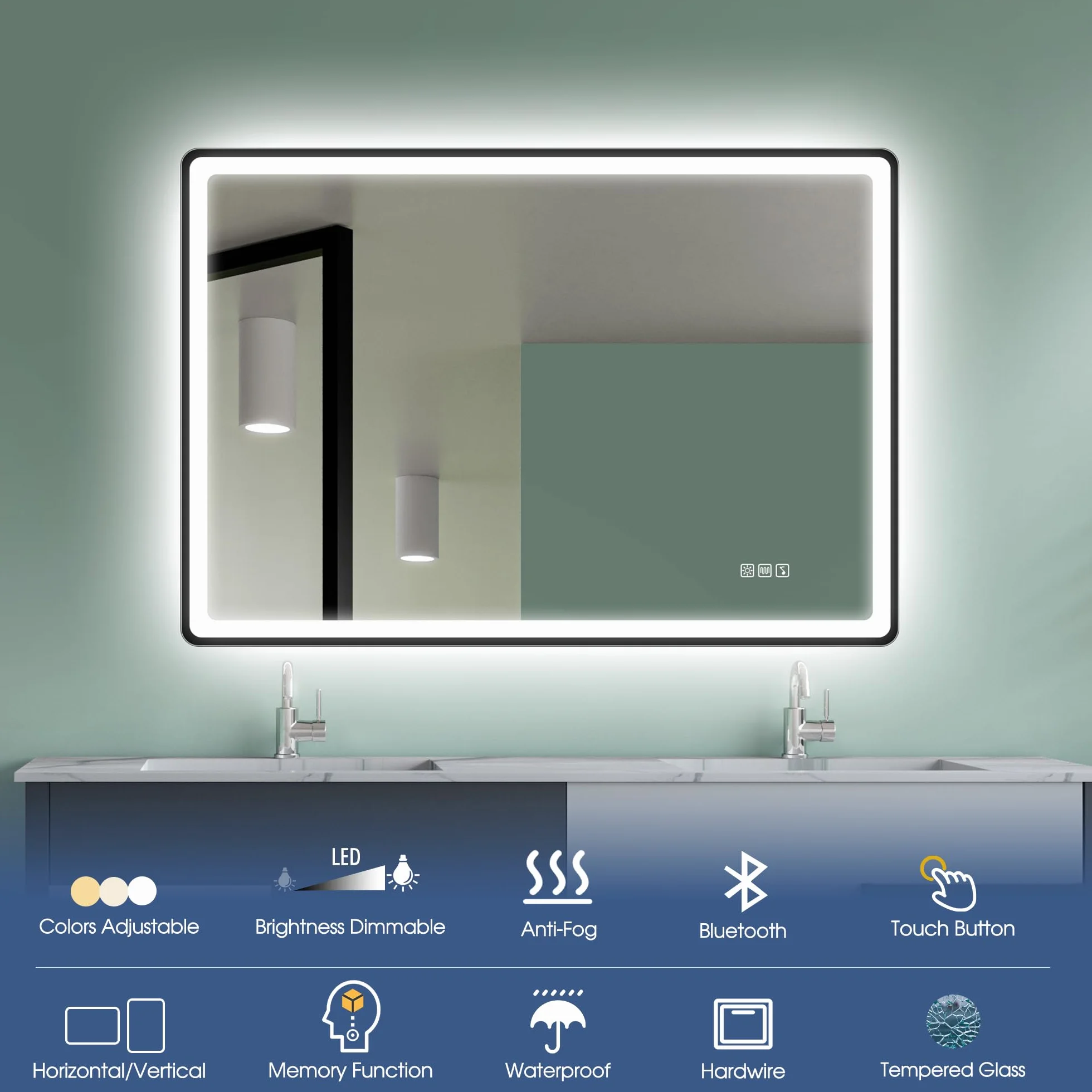 STARLEAD Czarne lustro łazienkowe LED, 70 x 100 cm, z oświetleniem i Bluetooth, odparowywanie, możliwość ściemniania, 3 kolory światła, szkło hartowane HD, wodoszczelność IP44, poziomo/pionowo