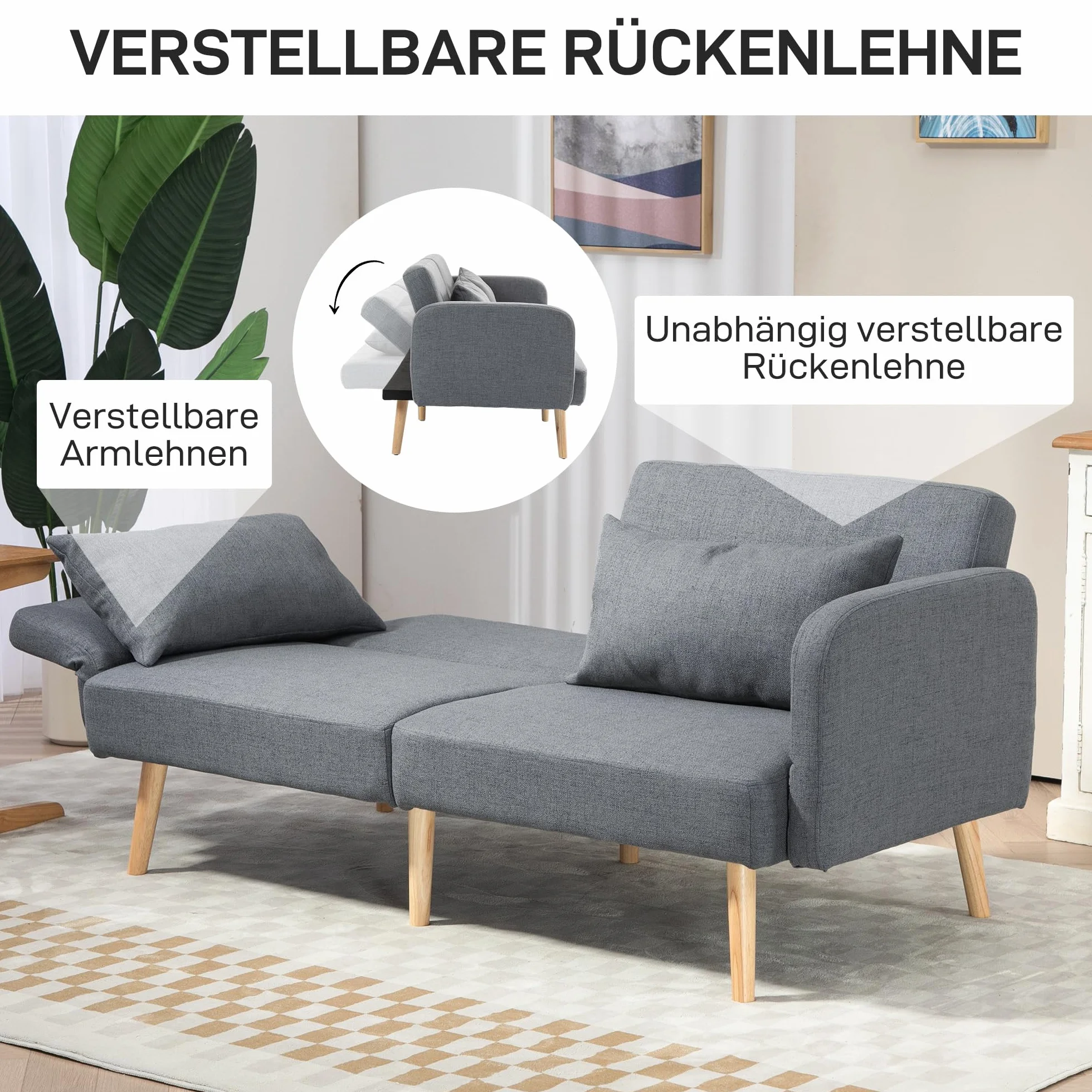 HOMCOM Sofa do spania, 2-osobowe łóżko składane z funkcją łóżka, 2 poduszki do rzucania, 3-osobowa sofa tapicerowana z regulowanym oparciem, wygląd lnu, do salonu, sypialni, 170 x 83 x 80 cm, szara